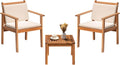 Greesum Outdoor Patio Furniture, 3 Piece Bistro Sofa Set with 1 Coffee Table and 2 Chairs, Acacia Wood Conversation Sets with Cushions, for Garden, Backyard, Poolside, White