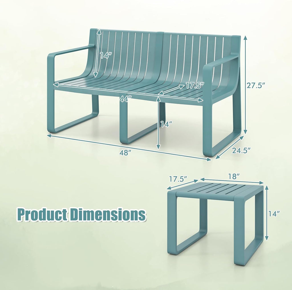 Tangkula 3-Piece Patio Furniture Set, Outdoor Conversation Set w/1 Loveseat & 2 Side Tables, All-Weather Patio Bistro Set for Lawn, Backyard, Poolside, Balcony, Garden, Deck, Blue