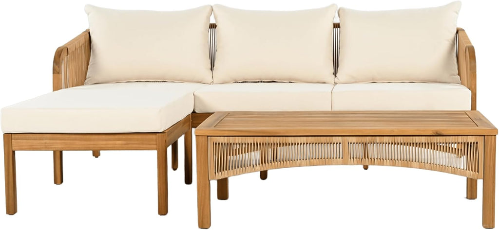 Christopher Knight Home Havets 3 Pieces Acacia Wood Patio Furniture Set, Faux Rattan Sofa and Coffee Table, Outdoor Conversation Sets with 6' Thick Cushions for Backyard Garden Balcony, Teak+Beige