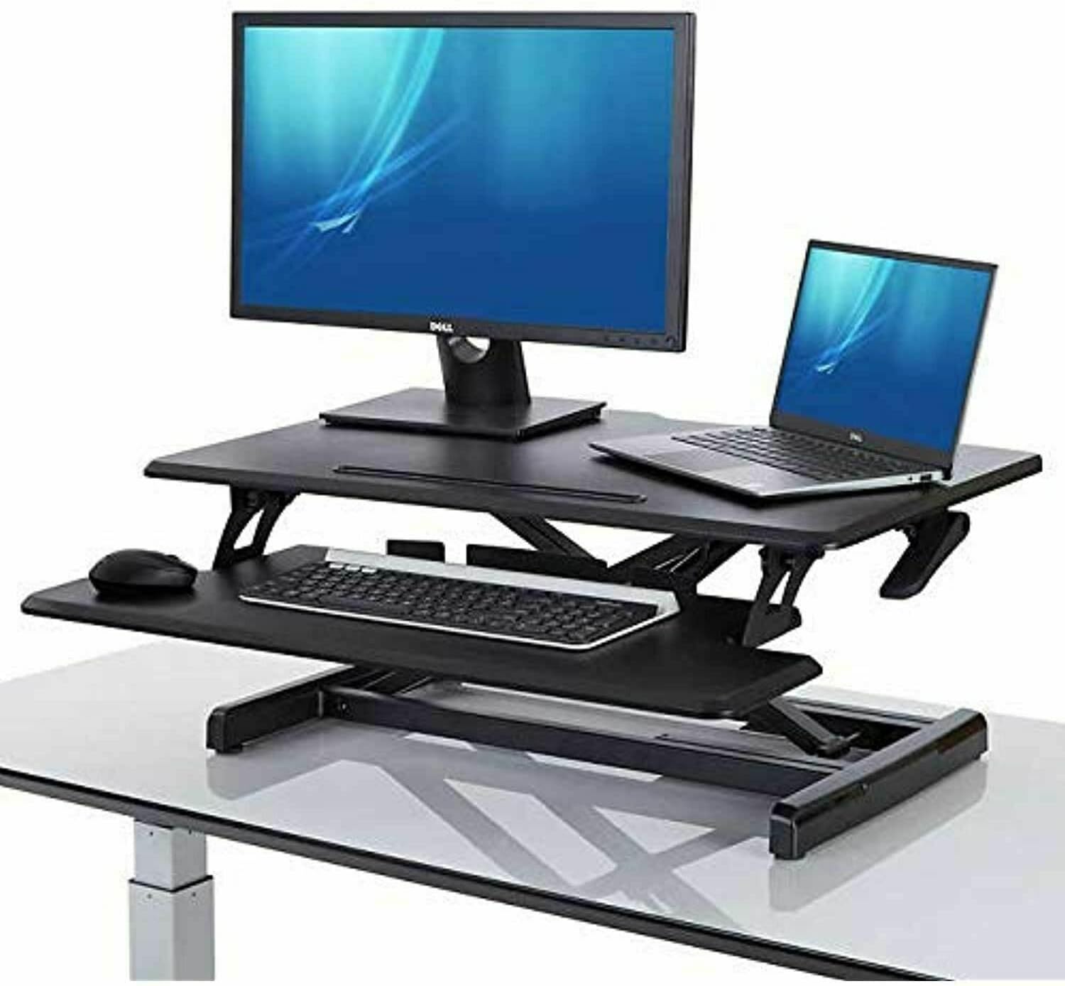 Seville Classics Airlift Height Adjustable Sit Desk Converter Workstation Standing Ergonomic Dual Monitor Riser with Keyboard Tray, Compact Rectangular 30', Midnight