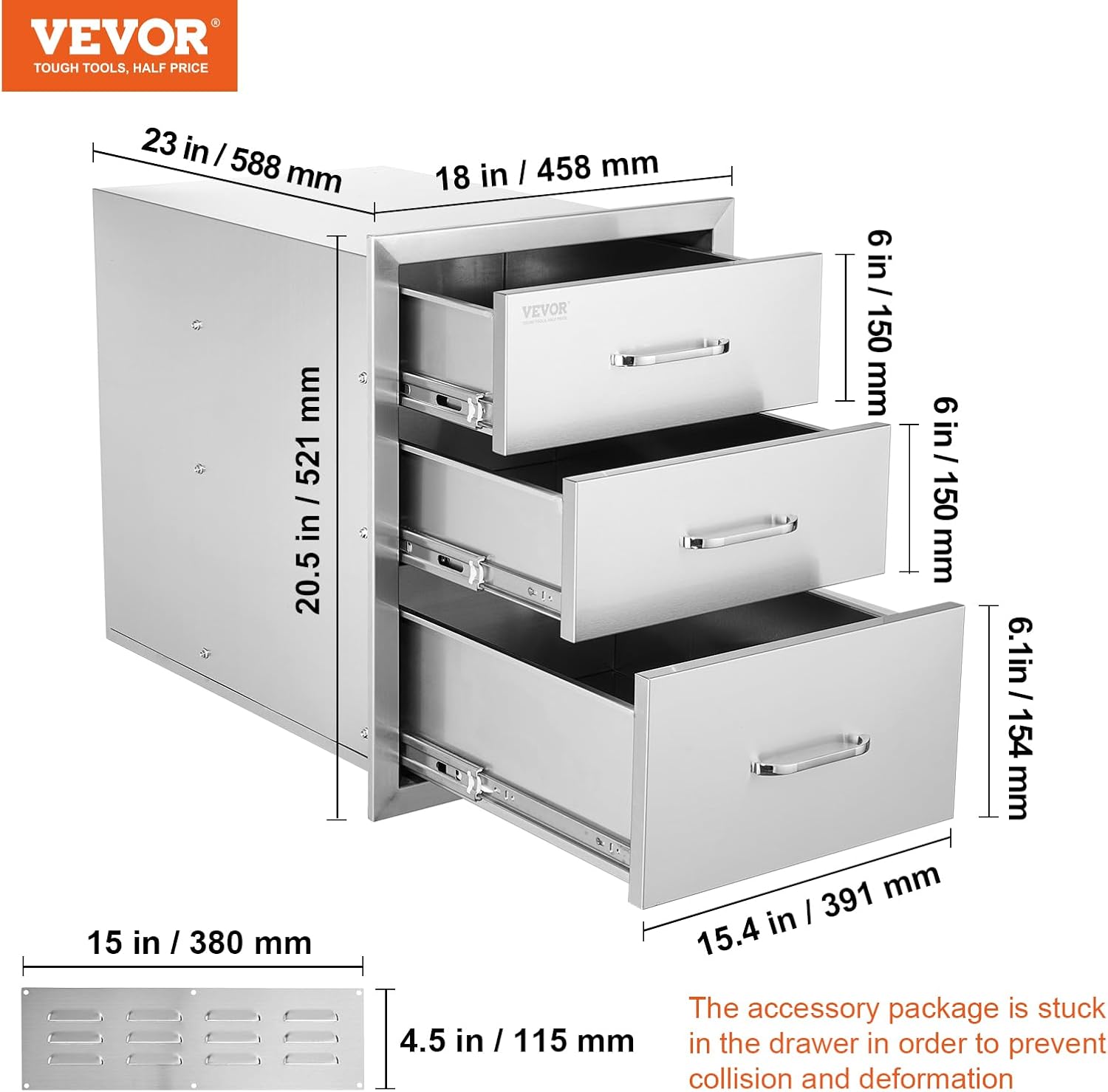 VEVOR 18x23 Inch Outdoor Kitchen Cabinets 18W x 20.5H x 23D Inch, BBQ Drawers Stainless Steel, Outdoor Kitchen Drawers Triple Access with Chrome Handle, BBQ Island Drawers, Grill Drawers Storage