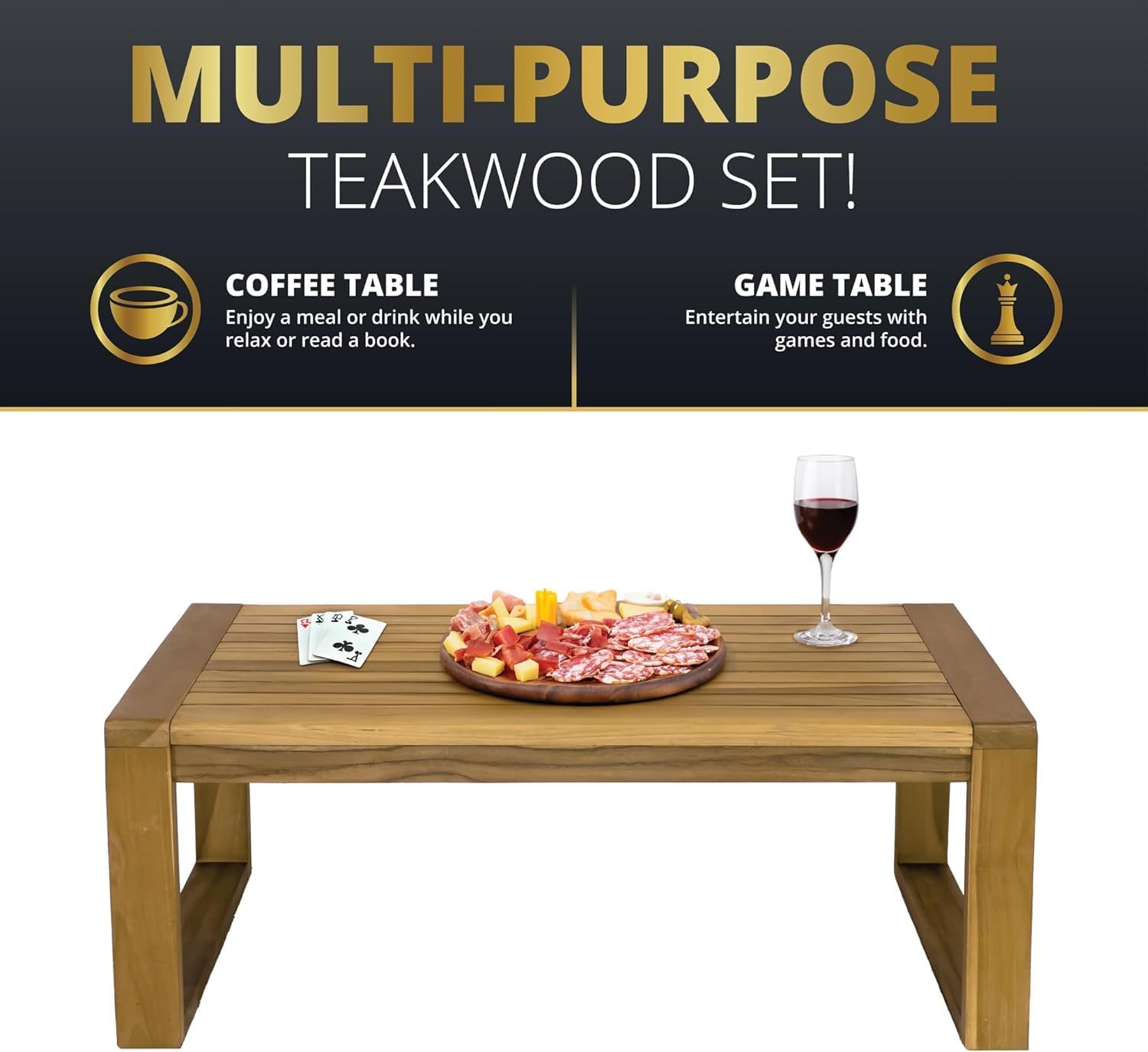 4-Piece Deep Seating Teak Wood Patio Furniture Set, Teak Wood Outdoor Conversation Sofa Set with Cushioned Loveseat, Armchairs and Coffee Table for Garden, Deck, Backyard