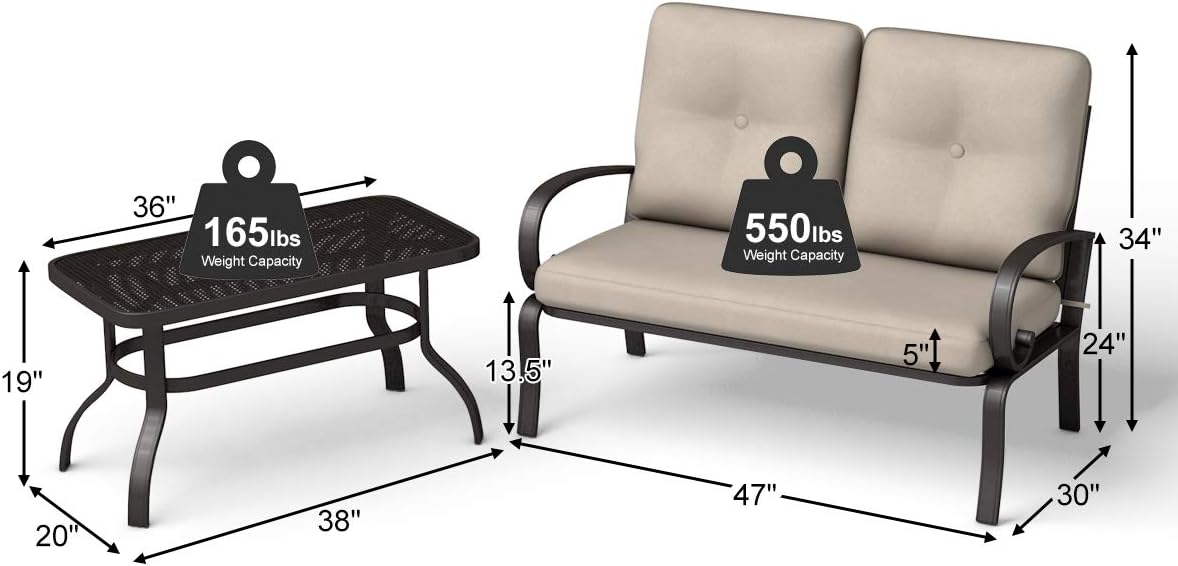 Giantex 2 Pcs Patio Loveseat with Coffee Table Outdoor Bench with Cushion and Metal Frame, Loveseat Furniture Set Sofa for Garden, Yard, Patio or Poolside