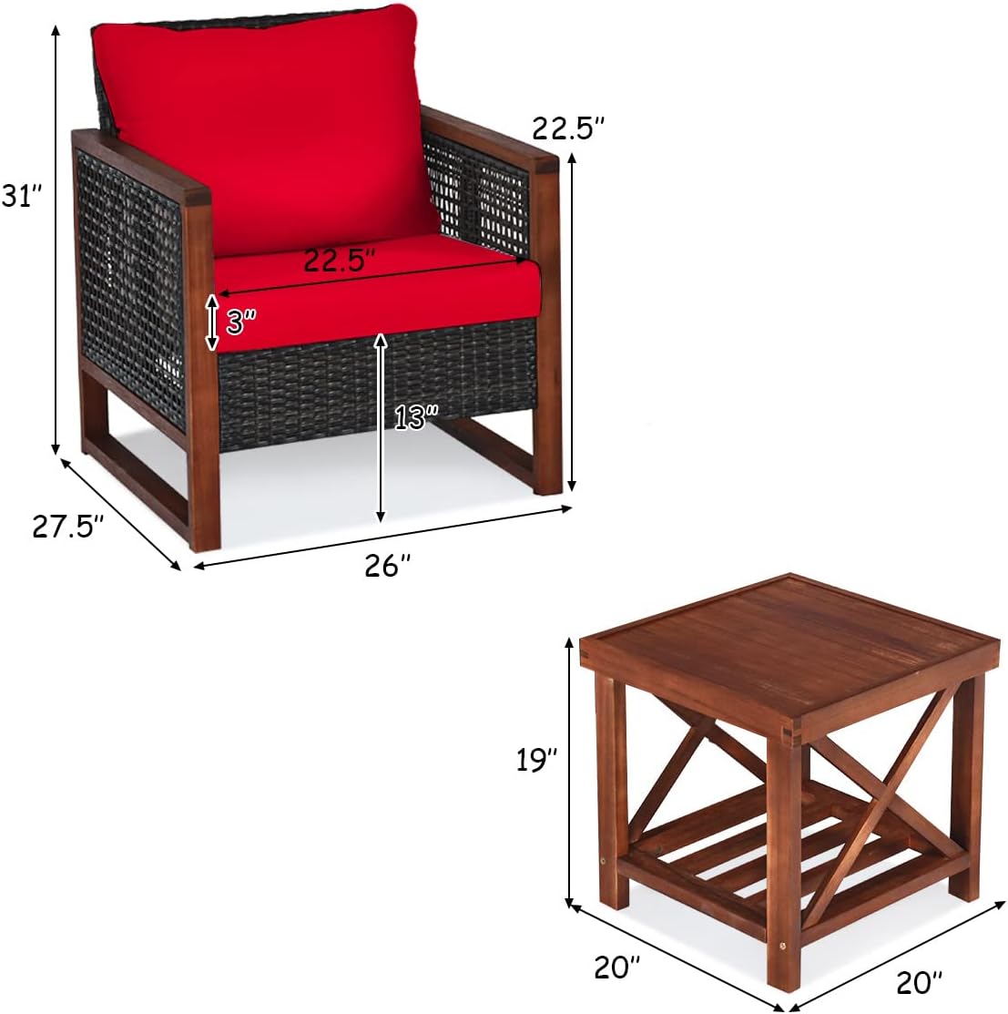 HAPPYGRILL 3-Pieces Outdoor Patio Furniture Set Wicker Chairs with Coffee Table Balcony Porch Furniture Bistro Set with Acacia Wood Frame and Washable Cushions for Garden Poolside Backyard