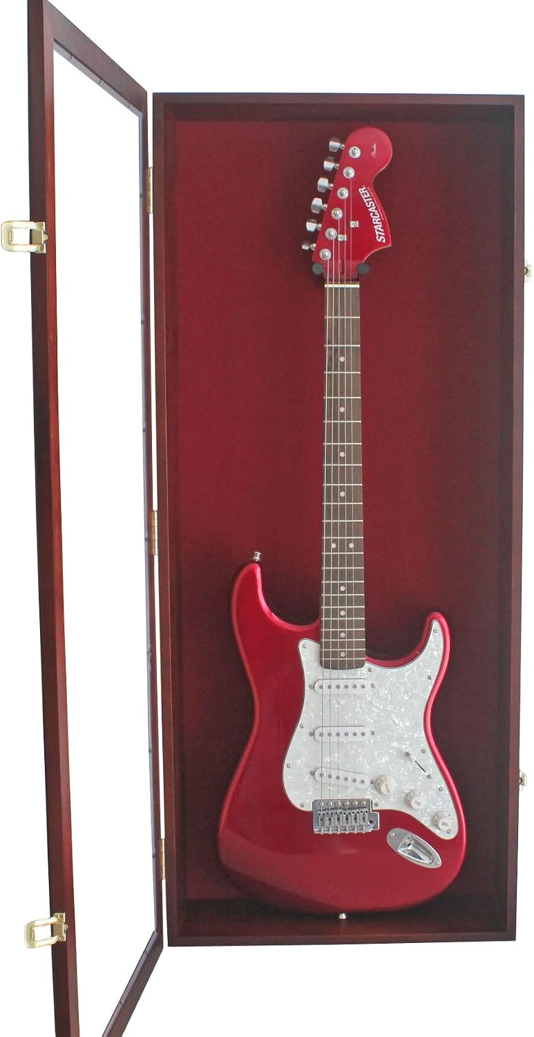 DisplayGifts 42' Electric Guitar Display Case Cabinet Shadow Box with Guitar Hanger Stand, Lockable UV Protection Red Felt Interior with Mahogany Finish Frame