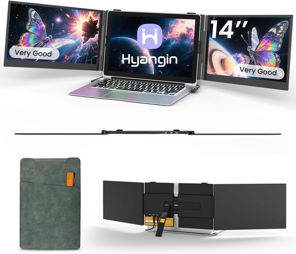 Used Very Good Triple Laptop Screen Extender 14-inch, 2026 Upgraded Ultra-Slim 1080P FHD Displays for Laptop, Ultra-Light Triple Monitor for 13.3-17.3' Laptops, Compatiable with Windows/Mac/Chrome OS
