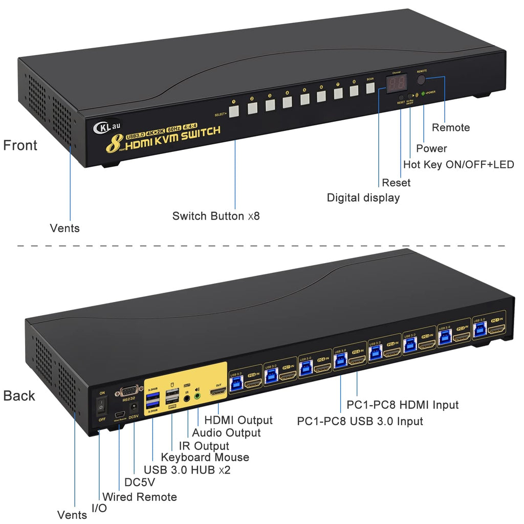8 Port USB 3.0 Rack Mount HDMI KVM Switch 4K60Hz with Audio, 2 pcs USB 3.0 Hub, and Cables Supports Keyboard Mouse Switching