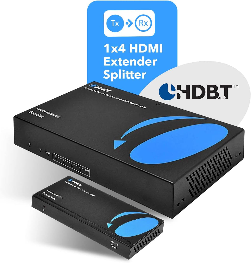 OREI 1x4 HDMI Extender Splitter HDBaseT 4K, Multiple Over Single Cable CAT6/7 4K@60Hz 4:4:4 HDCP 2.2 With IR Remote EDID Management, HDR - Up to 400 Ft - Loop Out - Low Latency - Full Support
