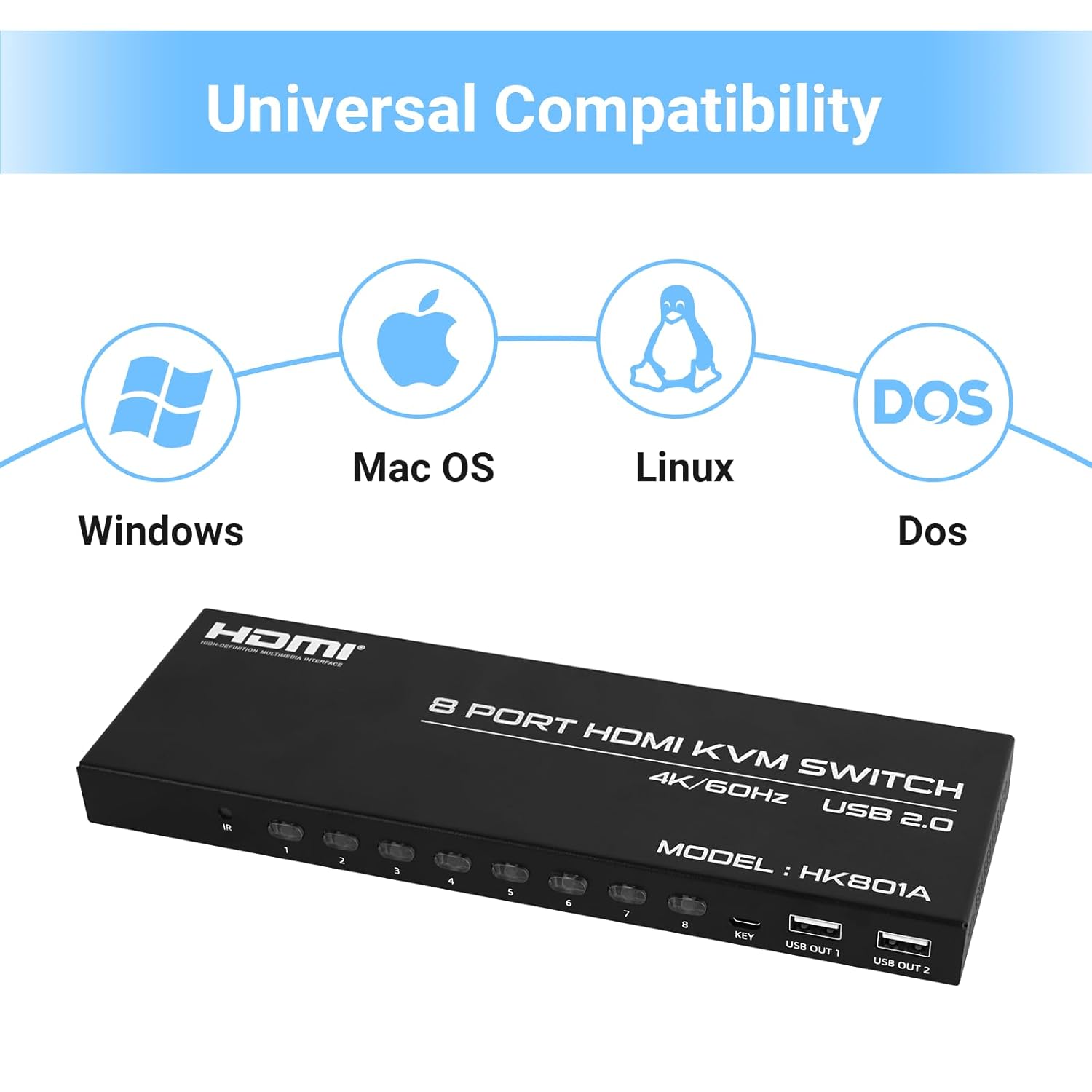 4K@60Hz HDMI KVM Switch 8 Port, HDMI KVM Switch for 8 PC Sharing 1 4K Monitor and 4 USB Devices, with Remote Control, Wired Desktop Controller and 8 KVM Cables