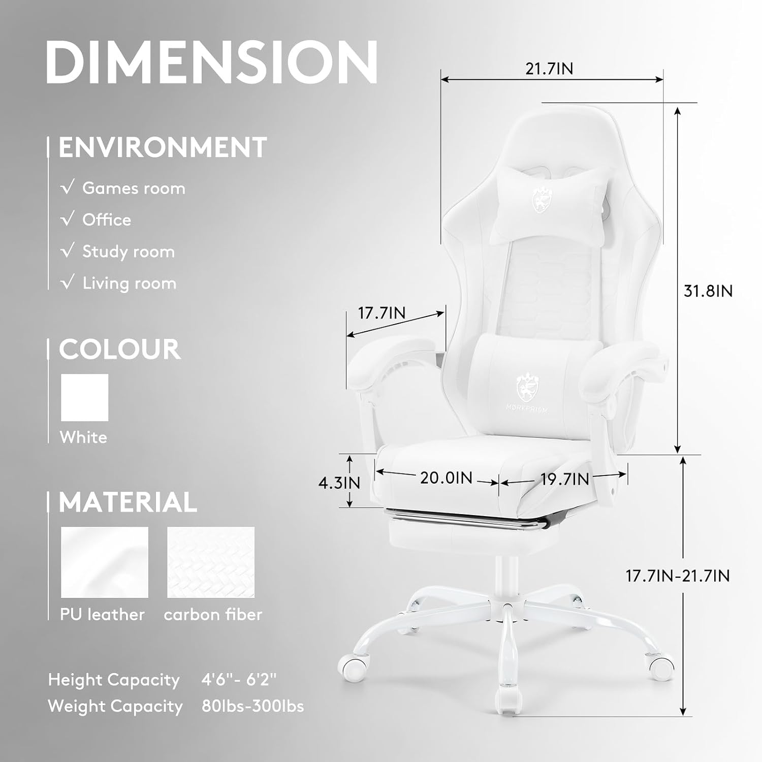 White Gaming Chair,Computer Office Chair with Footrest,Massage Lumbar Support and Gel Pad,Ergonomic Reclining Adjustable Leather Gamer Chair with Headrest and Spring Cushion White
