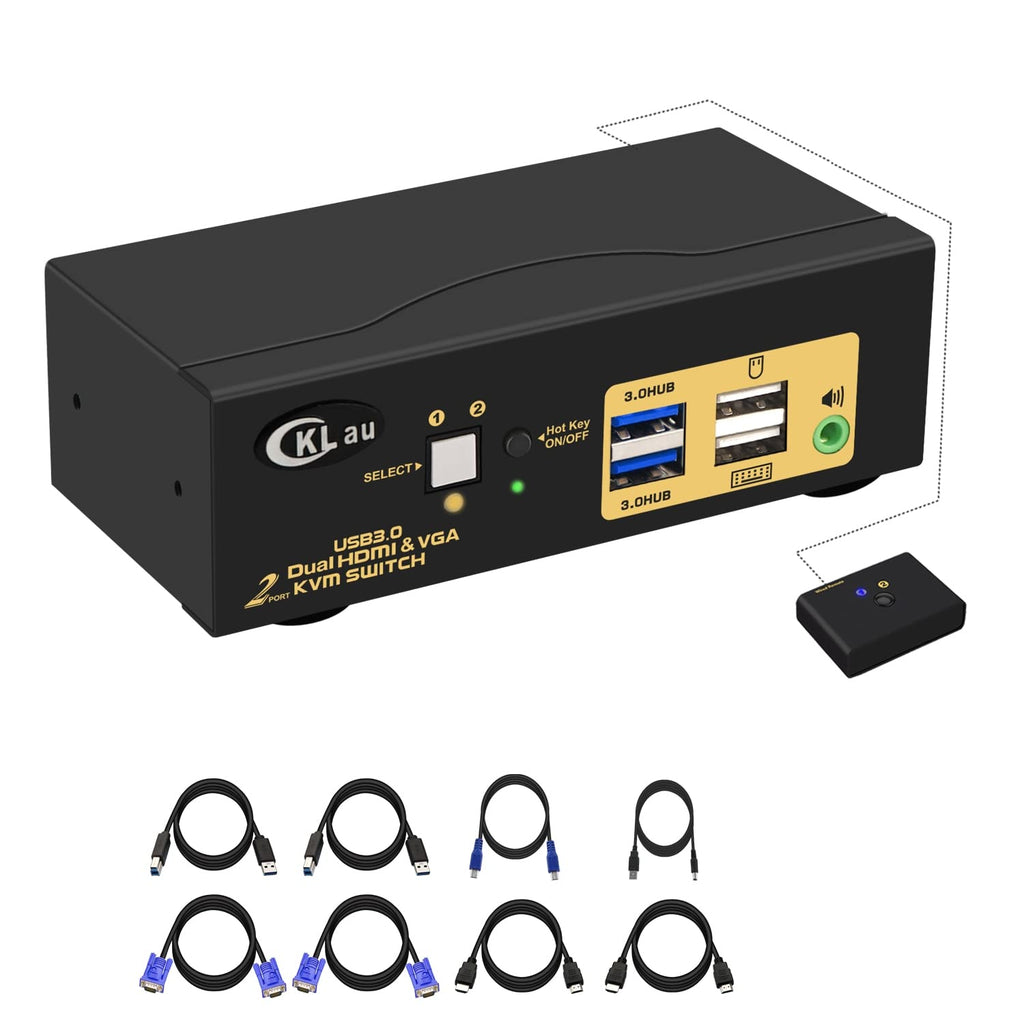4Kx2K@60Hz 4:4:4 2 Port USB 3.0 Dual Monitor KVM Switch HDMI + VGA with Audio and Cables, HDMI VGA KVM Switch 2 Monitors 2 Computers Support Wireless Keyboard Mouse