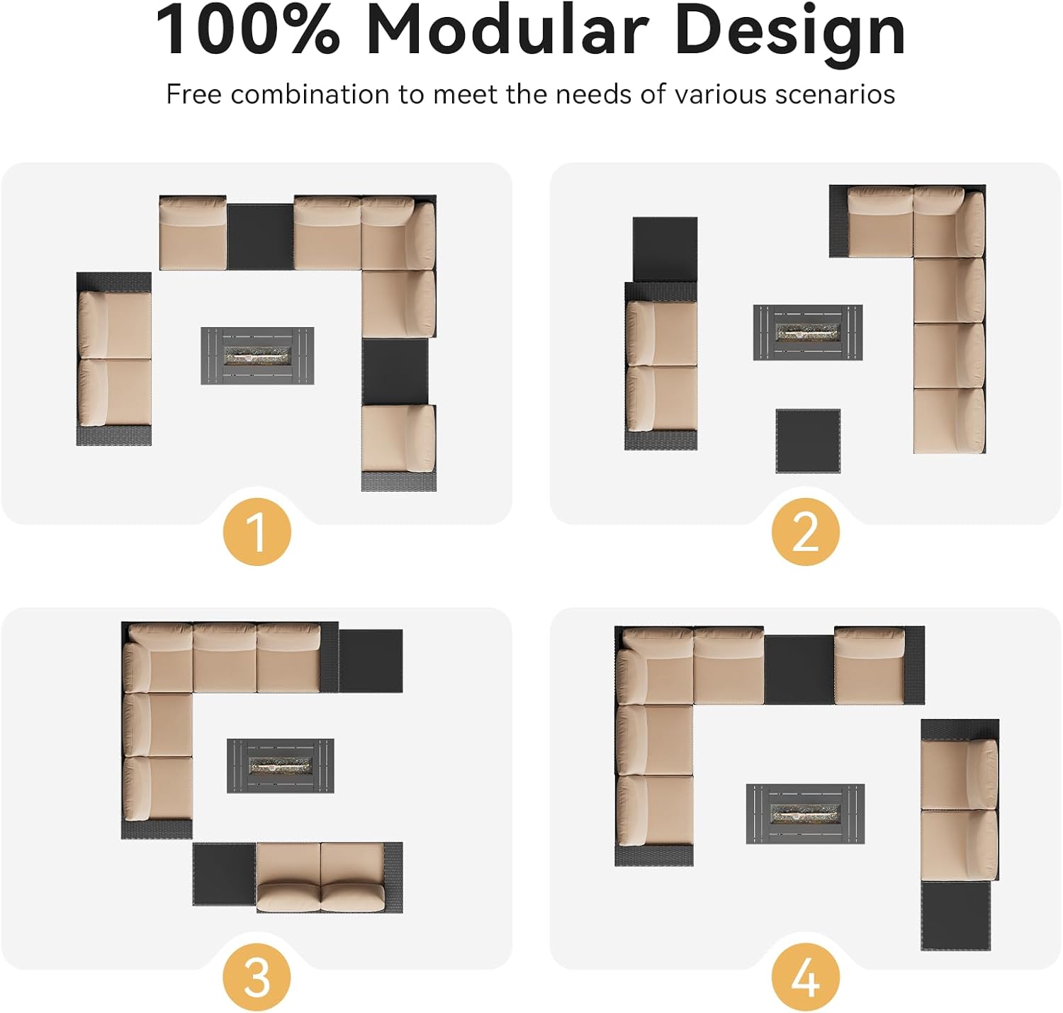 Aoxun Patio Furniture Sets with 44'' Fire Pit, 10 Pcs Outdoor Patio Coversation Set with 4'' Thicken Cushion and Coffee Table, Widen Armrests Wicker Outdoor Sectional for Backyard & Garden, Beige