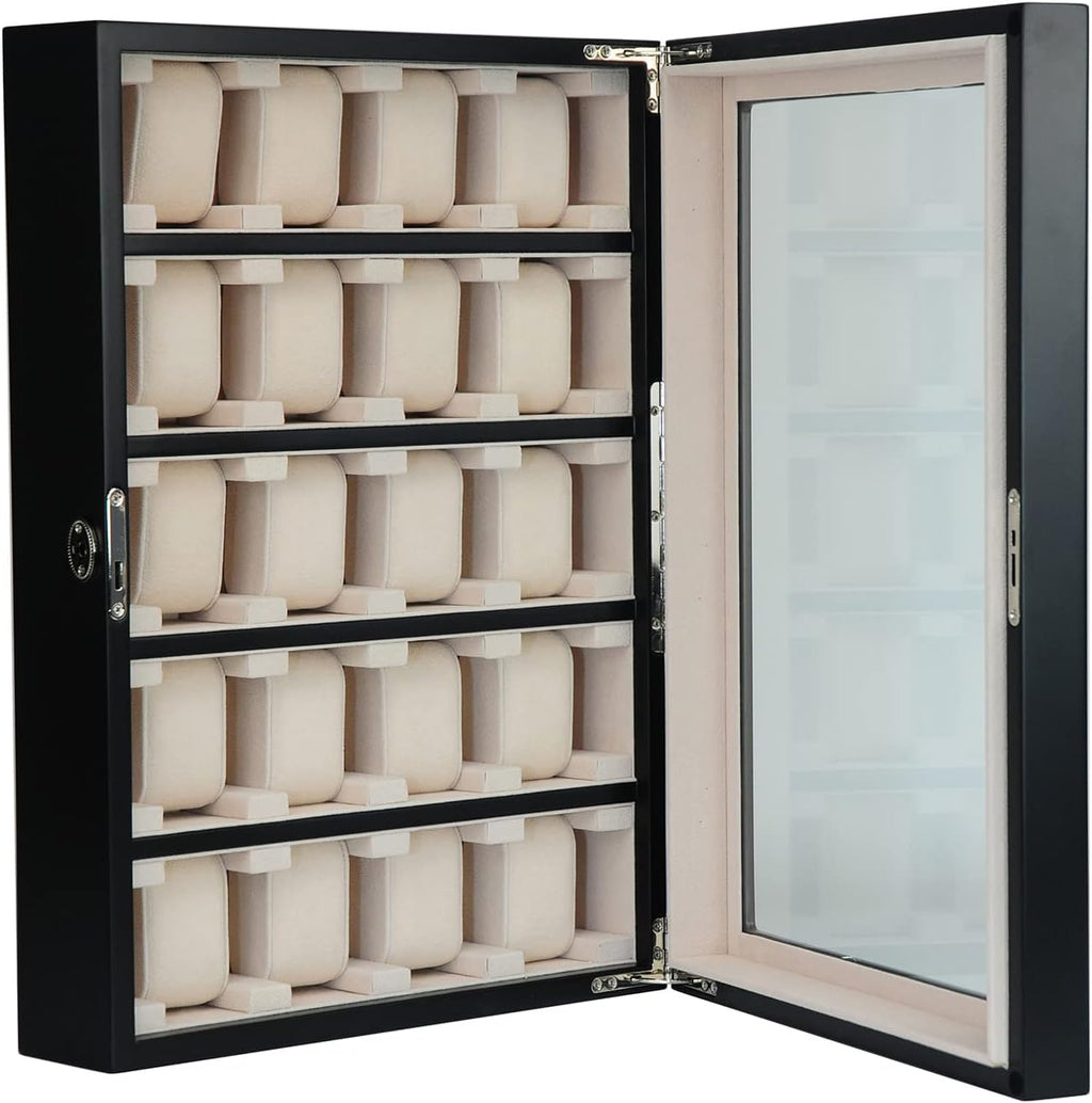 TIMELYBUYS 20 Piece Black Ebony Wood Watch Display Wall Hanging Case and Storage Organizer Box and Stand for Oversized Watches