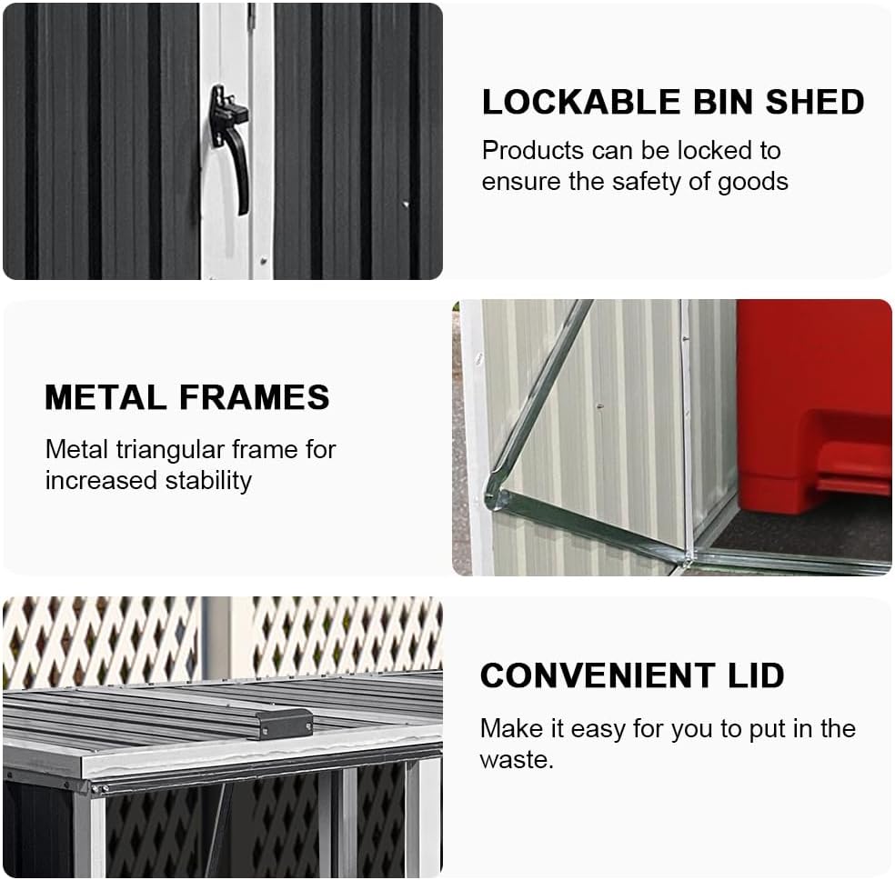 Outdoor Trash Can Storage, Garbage Bin Shed Stores, Trash Can Storage Cabinet Outside, Metal Outdoor Storage Shed for Garbage Cans, Garden Accessories, Backyard, and Patio Use, Lockable, Grey