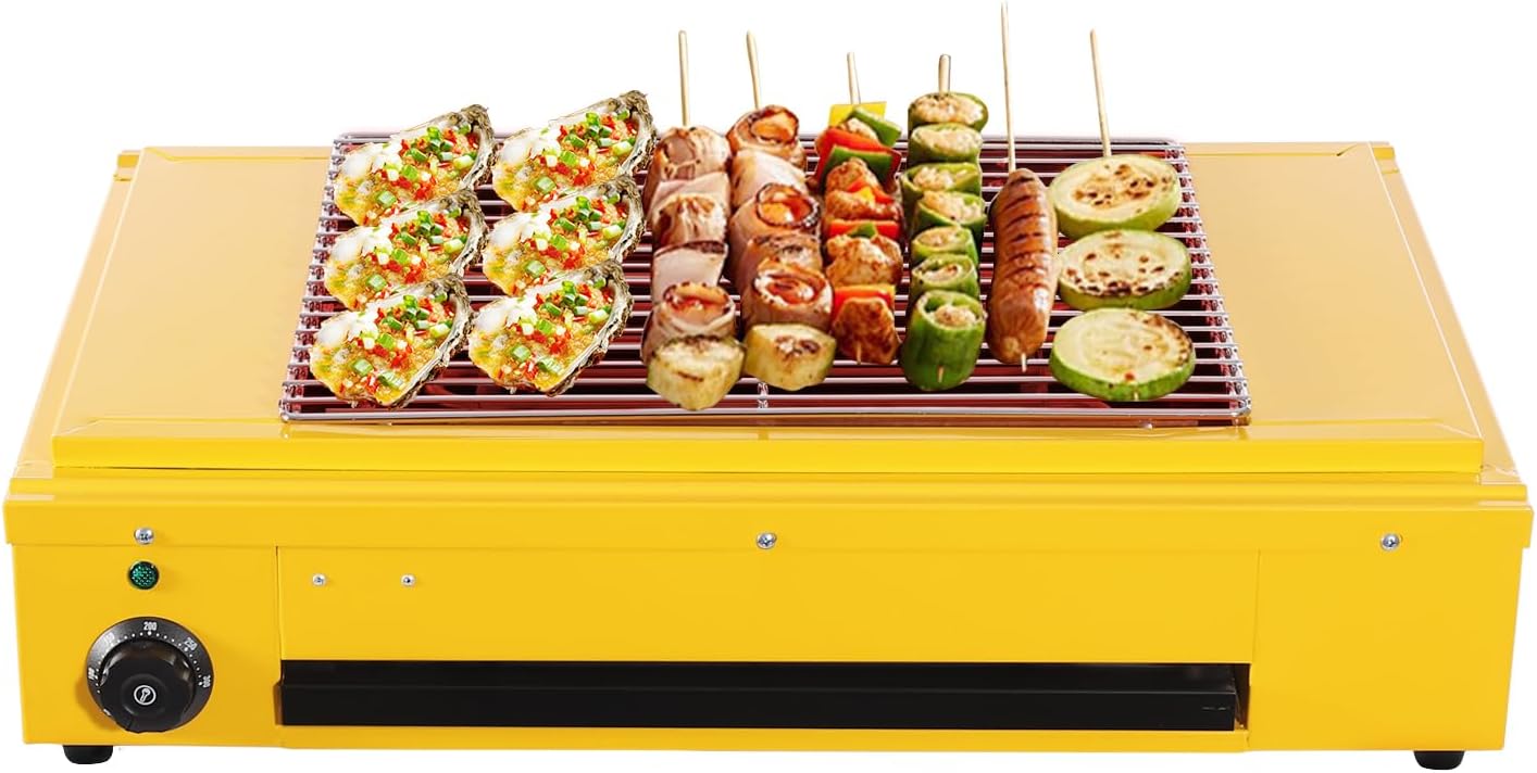 Single Head Temperature Controlled Electric Grill, Adjustable Temperature Control to 572℉, Portable Outdoor Barbecue Grill, Household And Commercial Electric Skewer Grill Yellow