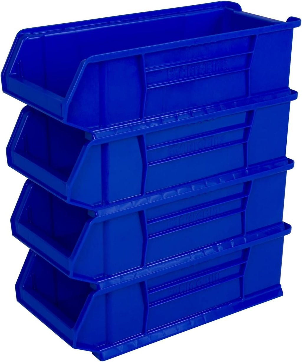 Akro-Mils 30286 Super-Size AkroBins Plastic Storage Bins, Space-Saving Stackable Bins for Garage, Classroom, Warehouse Organization, 24' L x 11' W x 7' H, Blue, 4-Pack