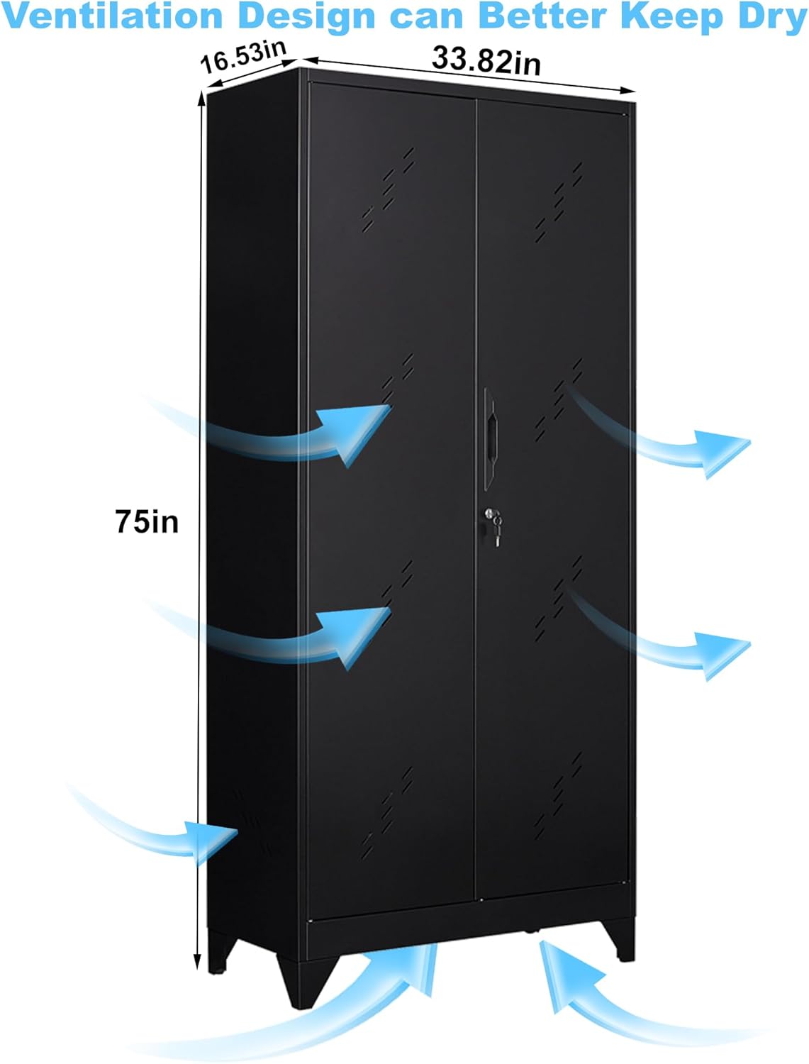 75' Metal Storage Cabinet with Lockable Doors, Functional Garage Storage Cabinets, Heavy-Duty Tool Organization Cabinet with Hanging Rod & S-Hooks (75' Utility Closet)