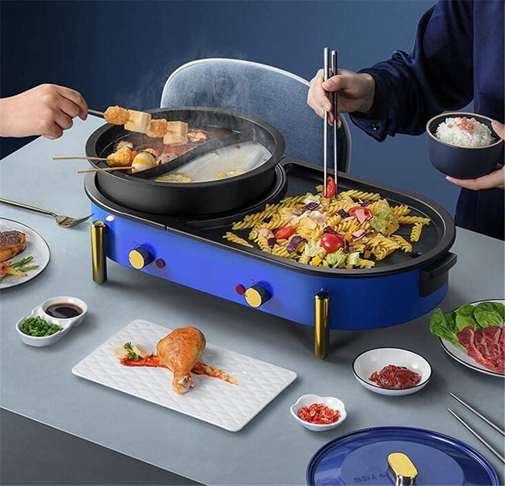 Electric Hot Pot Grill Indoor 2200W Non-Stick Baking Pan Separate Dual Temperature Control Smokeless Barbecue Machine, Easy To Clean 220V,White (Color : Blue)