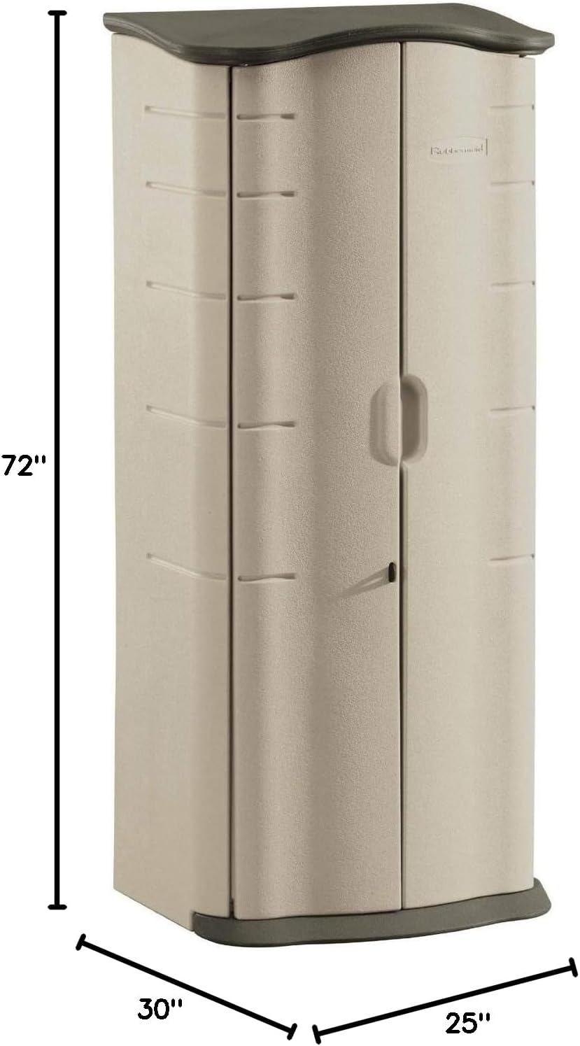 Rubbermaid Compact Vertical Resin Storage Shed With Floor (2 x 2.5 Ft), Weather Resistant, Beige/Brown, Organization for Home/Backyard/Garden Tools/Porch/Patio Cushions/Pool Chemicals/Toys