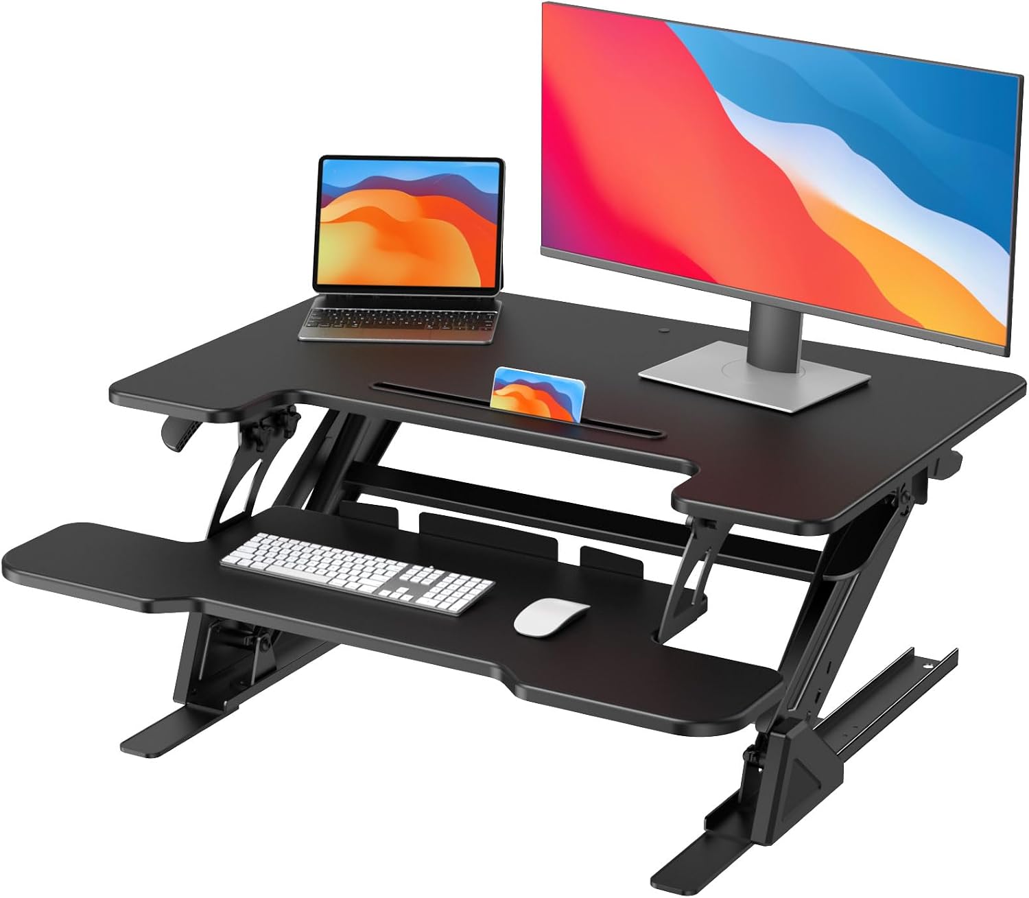HUANUO 32' Z Shaped Stable Standing Desk Converter, Height Adjustable Sit Stand Up Desk Riser, Dual Monitor and Laptop Workstation with Wide Keyboard Tray, Desk Lifter for Home Office