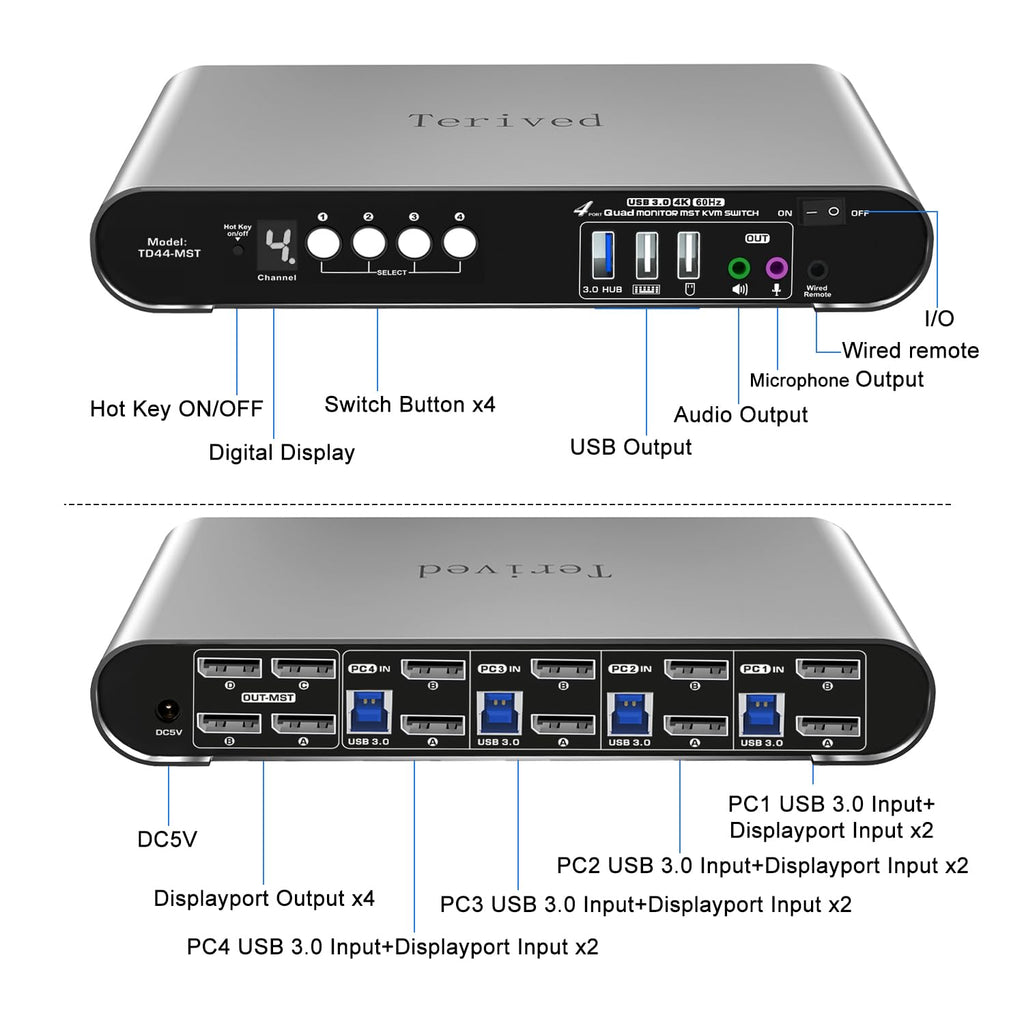 4 Computer 4 DP Monitors MST KVM Switch 4K@60Hz, DP MST USB 3.0 Quad Monitor, Hotkey and Wire Remote, Aluminum Shell, Digital Display, Audio/Mic, HDR10 with Cables (Windows)