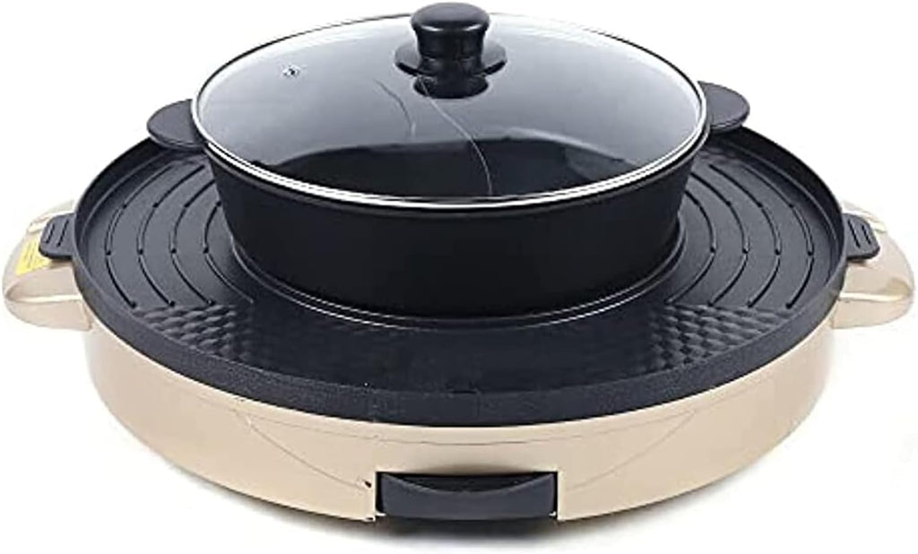 2 In 1 Electric Grill Pan Hot Pot, Multifunctional Removable Hotpot Indoor BBQ Pot with Separate Dual Temperature Contral Stepless Adjustment Knob, Smokeless BBQ Teppanyaki Grill