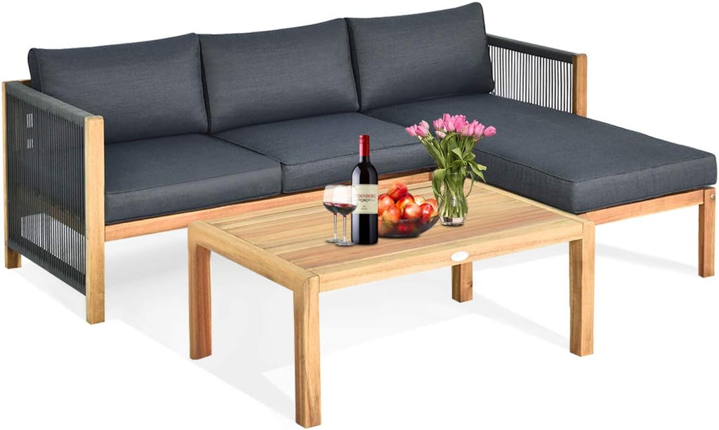 Tangkula L Shape Outdoor Furniture Set, 3 Piece Acacia Wood Patio Conversation Set, with 2 loveseats and Coffee Table, Garden Backyard Poolside Patio Seating Set