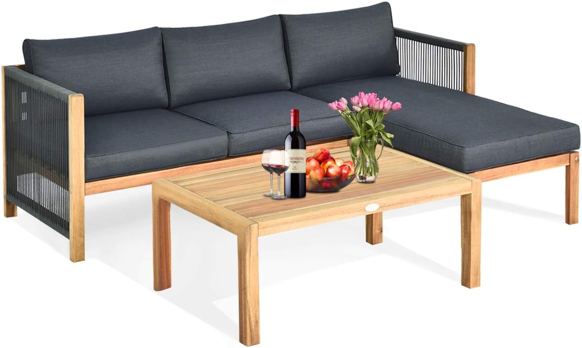 Tangkula L Shape Outdoor Furniture Set, 3 Piece Acacia Wood Patio Conversation Set, with 2 loveseats and Coffee Table, Garden Backyard Poolside Patio Seating Set