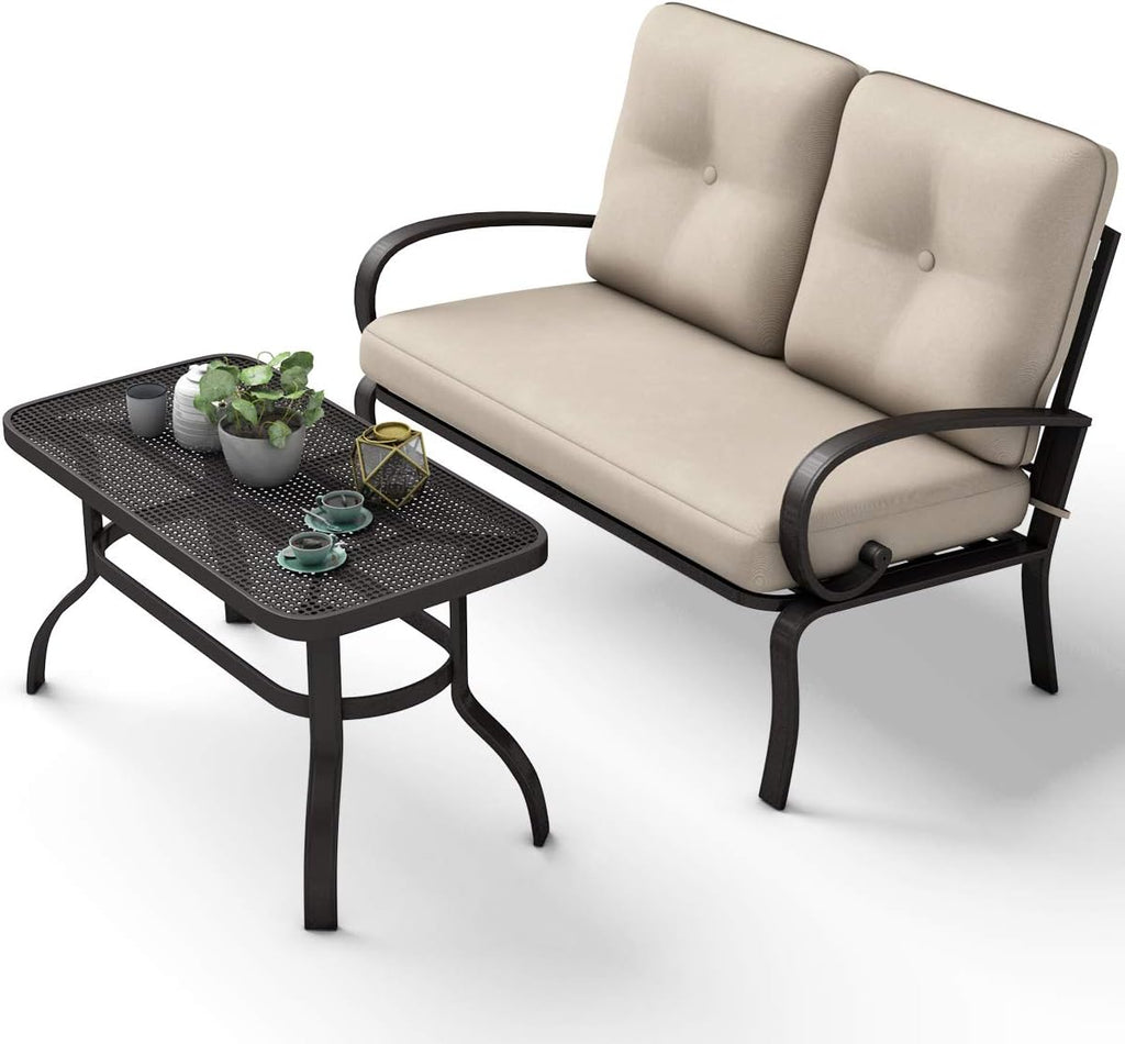 Giantex 2 Pcs Patio Loveseat with Coffee Table Outdoor Bench with Cushion and Metal Frame, Loveseat Furniture Set Sofa for Garden, Yard, Patio or Poolside