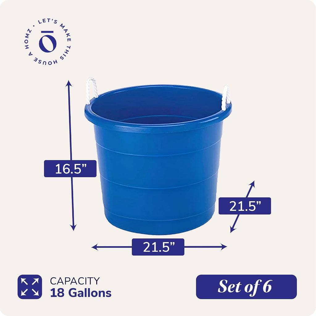 HOMZ 6-Pack Utility Tub, Large Plastic Storage Bucket with Rope Handles, 18 Gallon, Blue - Portable Indoor and Outdoor Buckets for Kitchen, Laundry, Garden, Bathroom, and Garage Organization