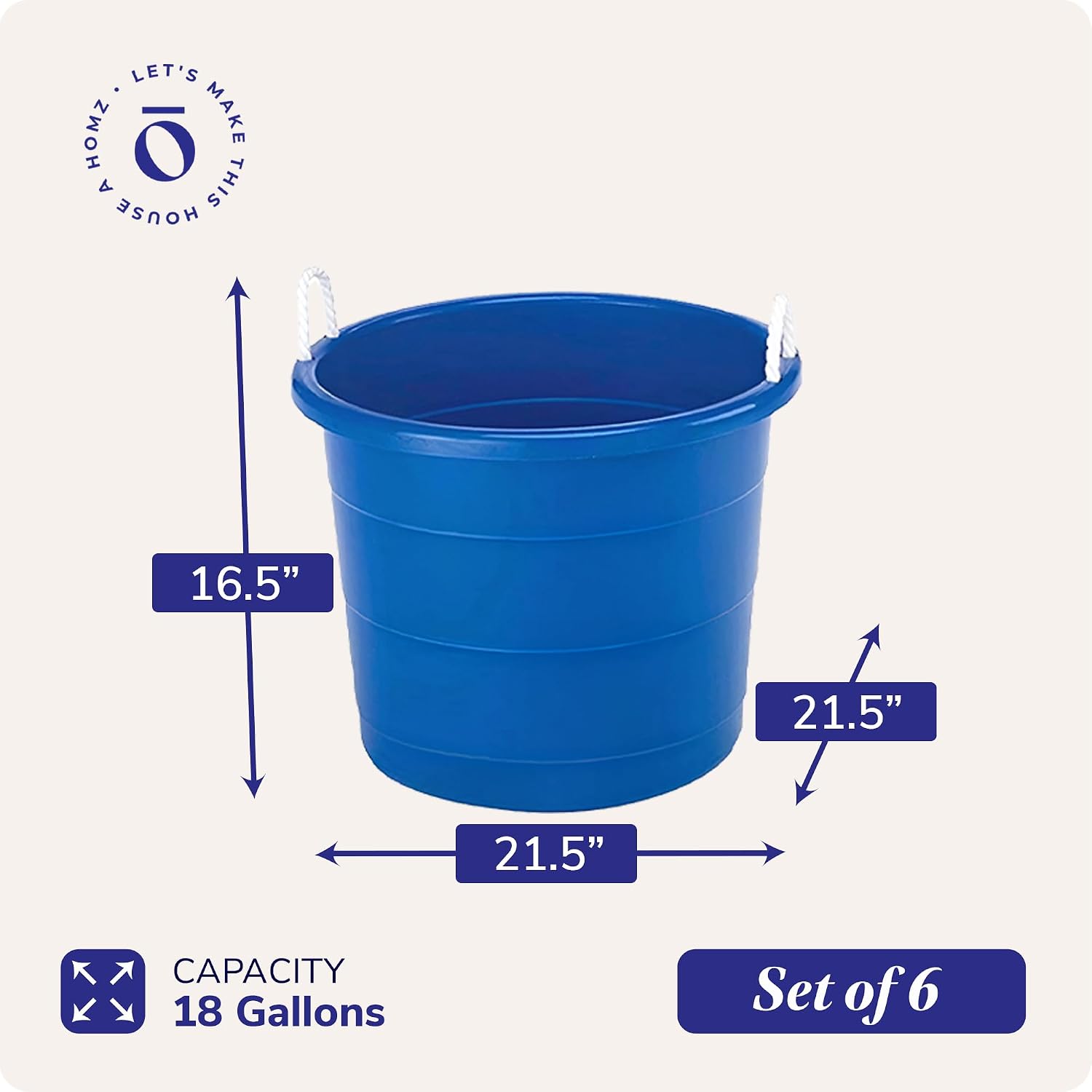 HOMZ 6-Pack Utility Tub, Large Plastic Storage Bucket with Rope Handles, 18 Gallon, Blue - Portable Indoor and Outdoor Buckets for Kitchen, Laundry, Garden, Bathroom, and Garage Organization