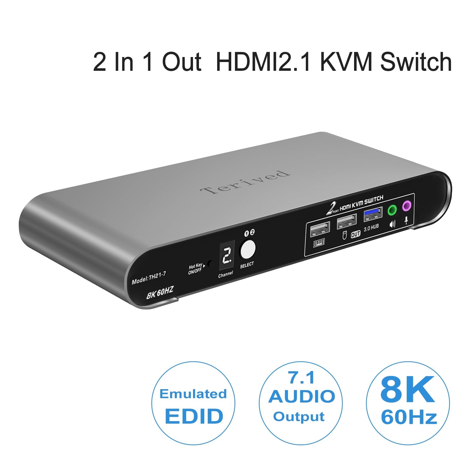 2 Computers 1 HDMI Monitor Automatic KVM Switch 8K@60Hz, Hotkey Switching, EDID, Support 5.1/7.1 Audio and Microphone, Aluminum Shell with Digital Display, USB 3.0 Hub, HDR10 with Cables