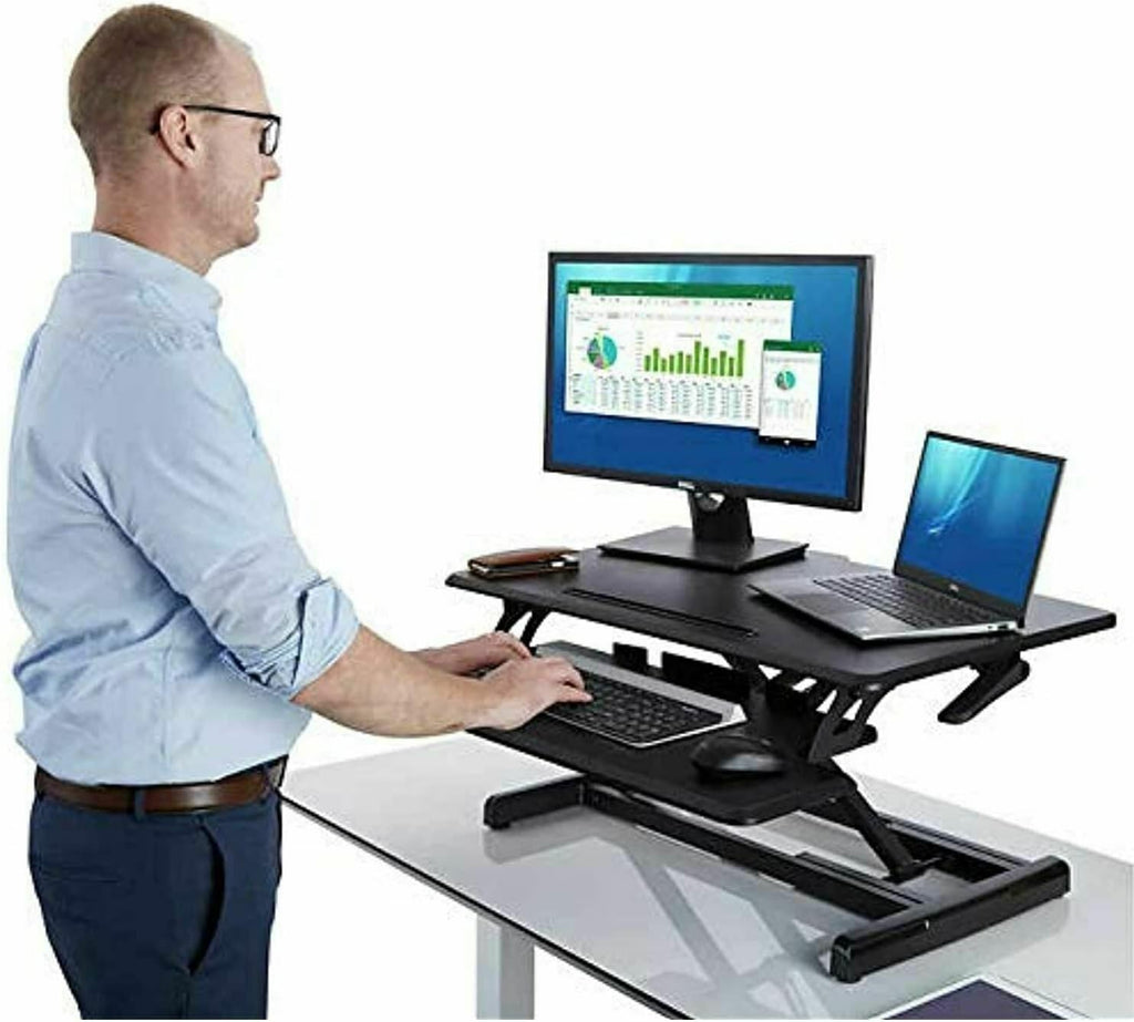 Seville Classics Airlift Height Adjustable Sit Desk Converter Workstation Standing Ergonomic Dual Monitor Riser with Keyboard Tray, Compact Rectangular 30', Midnight