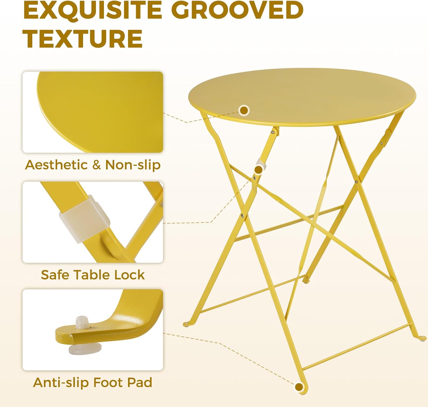Grand patio Premium Frame Patio Bistro Set, Colorful Folding Outdoor Patio Furniture Sets, 3-Piece Patio Table and Chair Set, Yellow