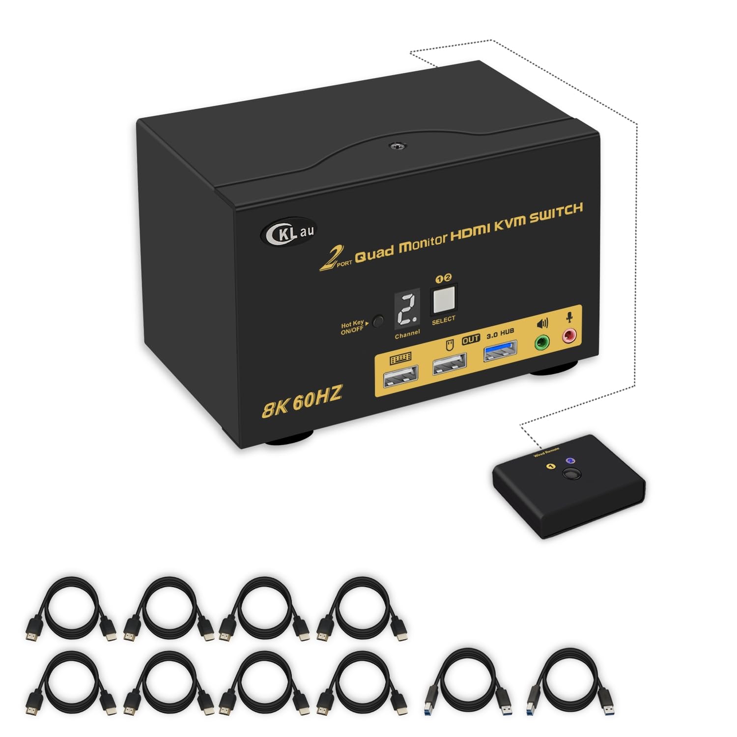 2 Port Quad Monitor HDMI KVM Switch 8K@60Hz, 4K@144Hz with Cables for 4 Monitors 2 Computers Sharing Video Keyboard Mouse Support Emulation EDID, Hotkey Switching, HDMI 2.1, HDR