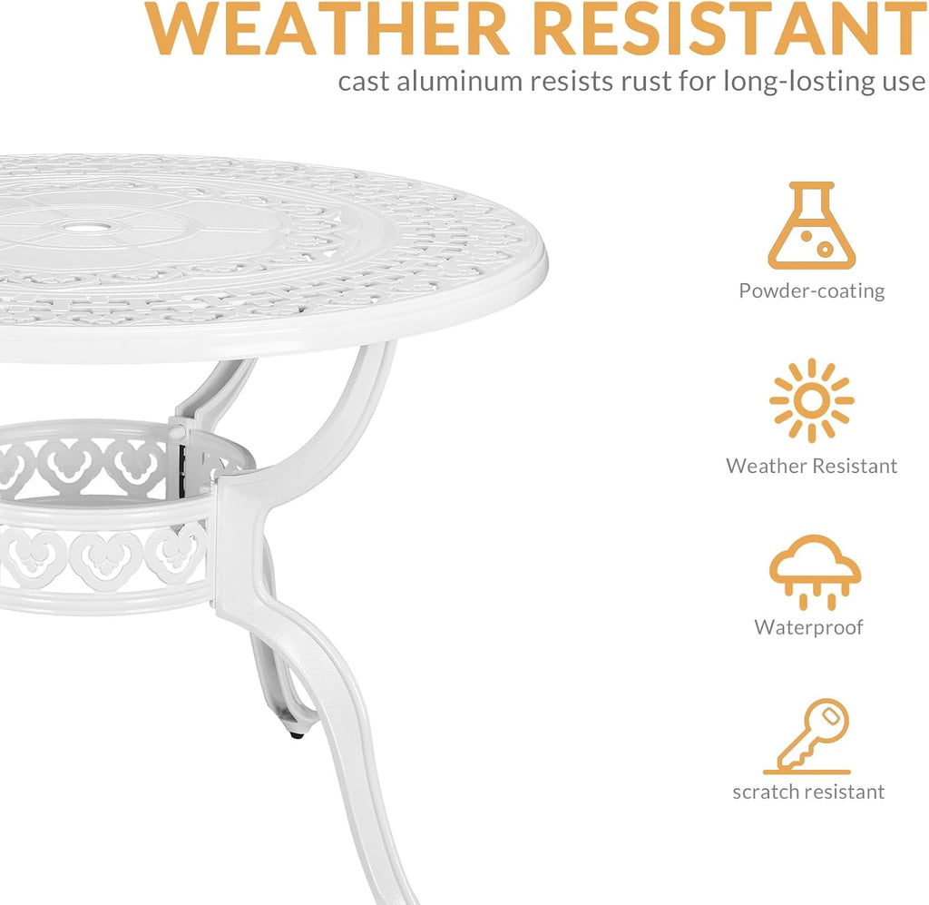 5-Piece Outdoor Patio Dining Set, All-Weather Cast Aluminum Patio Furniture Set for Backyard Garden Deck with 4 Chairs, 4 Cushions and 38.5' Round Table, 2.2' Umbrella Hole, White