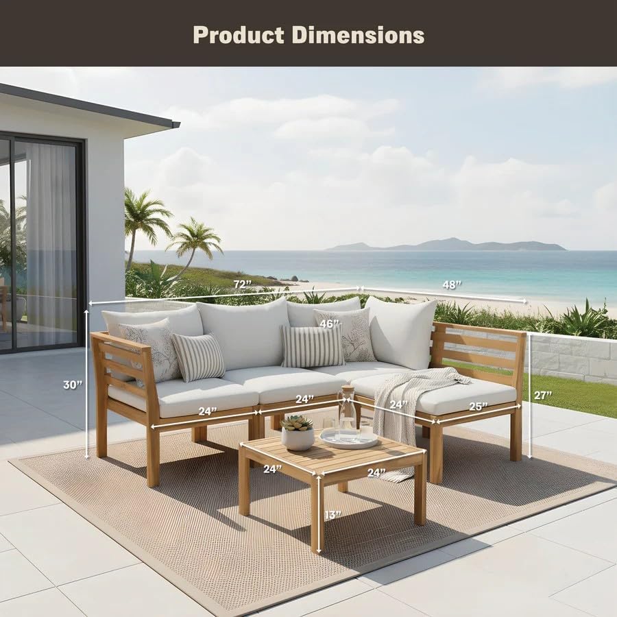 5-Piece Acacia Wood Outdoor Furniture Set, All-Weather Conversational Chat Set with Thick Water-Resistant Cushions, Modern Space-Saving Patio Sofa for Small Balcony, Deck & Backyard, Natural