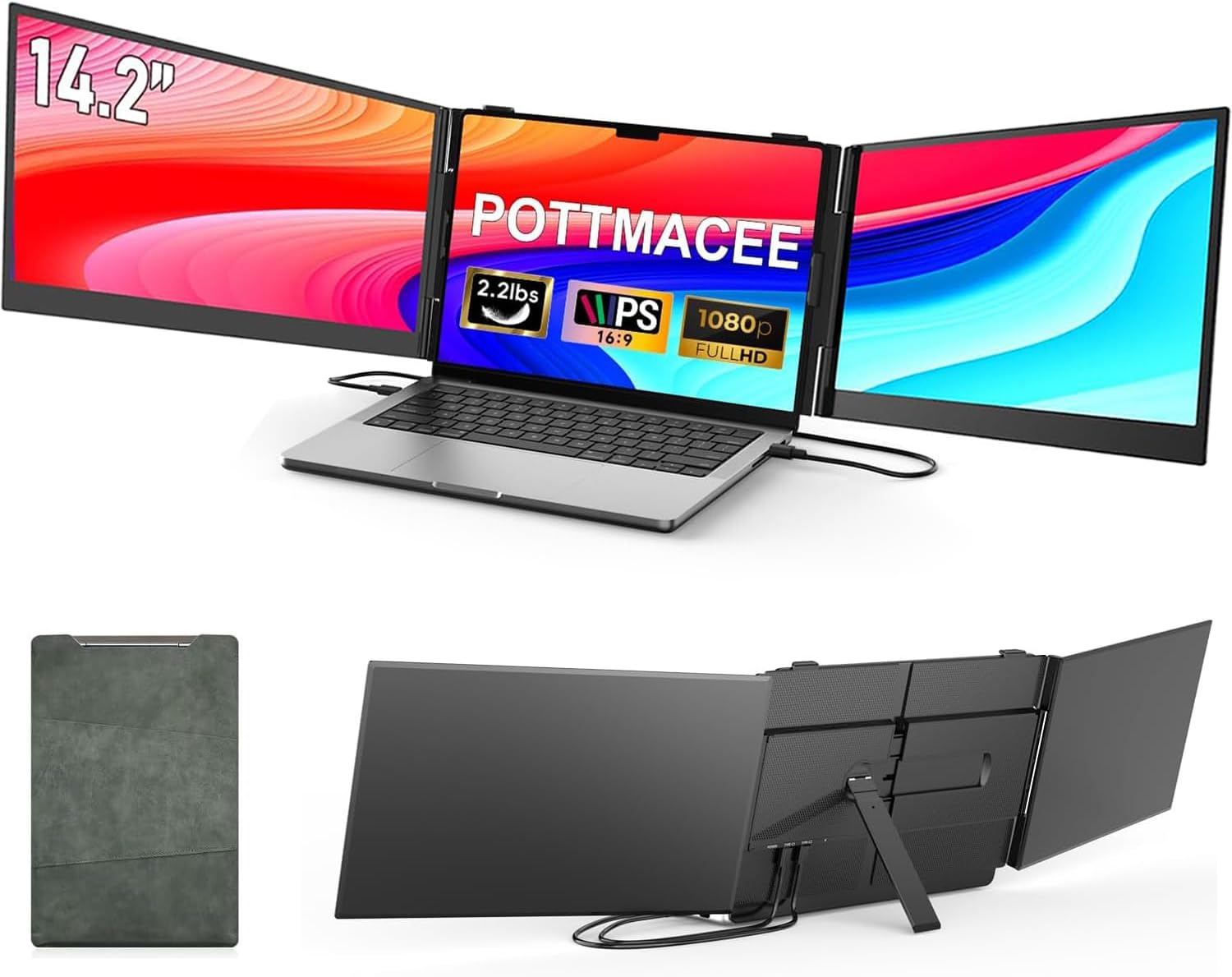 POTTMACEE 14.2'' Triple Laptop Screen Extender, 0.17' Ultra-Slim FHD 1080P Portable Monitor for Laptop, Tri-Screen Travel Monitor Extender, Plug-Play for Windows/Mac/Chrome, Fit 13'-17.3' Laptops