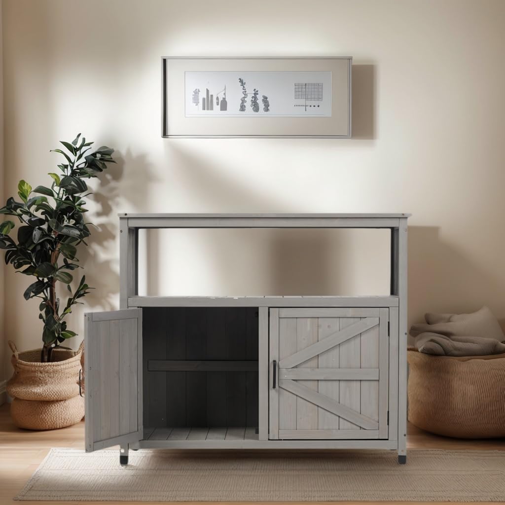 YOPTO Outdoor Wood Storage Cabinet,Garden Patio Bar Table Set with 2 Handles,Buffet Cabinet Sideboard Furniture for Lawn,Grey