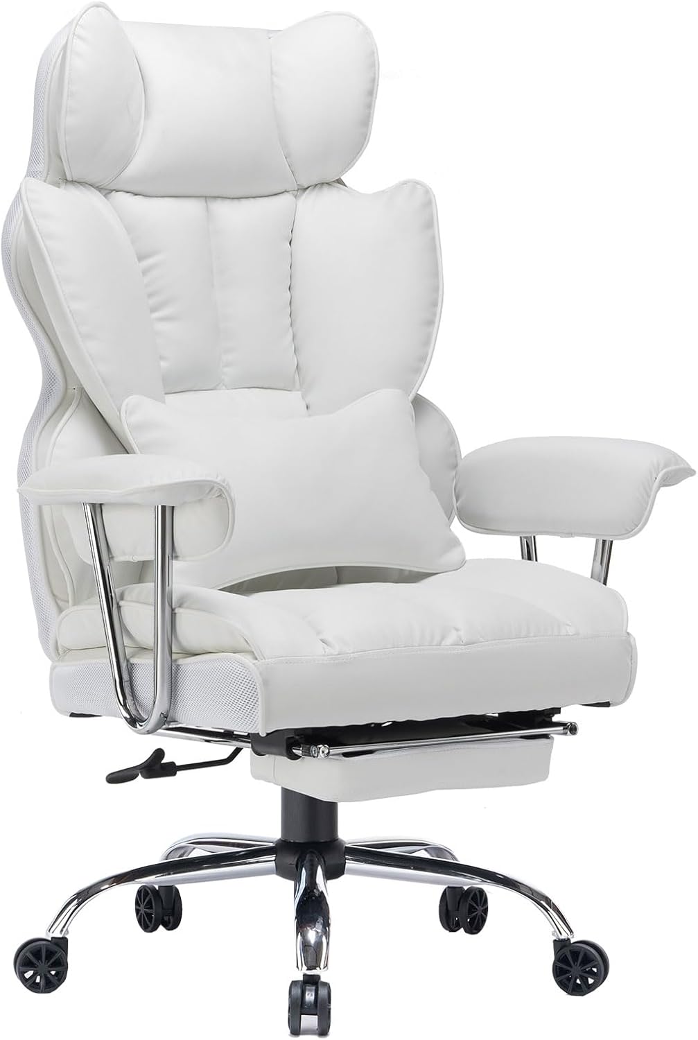 Efomao Big and Tall Office Chair 400lbs, Executive PU Leather Desk Chair with Footrest & Lumbar Support, Heavy Duty Computer Seating for Home, White