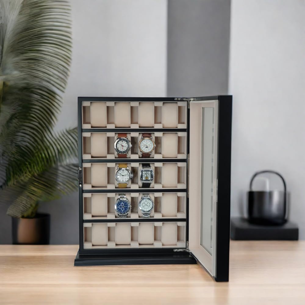 TIMELYBUYS 20 Piece Black Ebony Wood Watch Display Wall Hanging Case and Storage Organizer Box and Stand for Oversized Watches