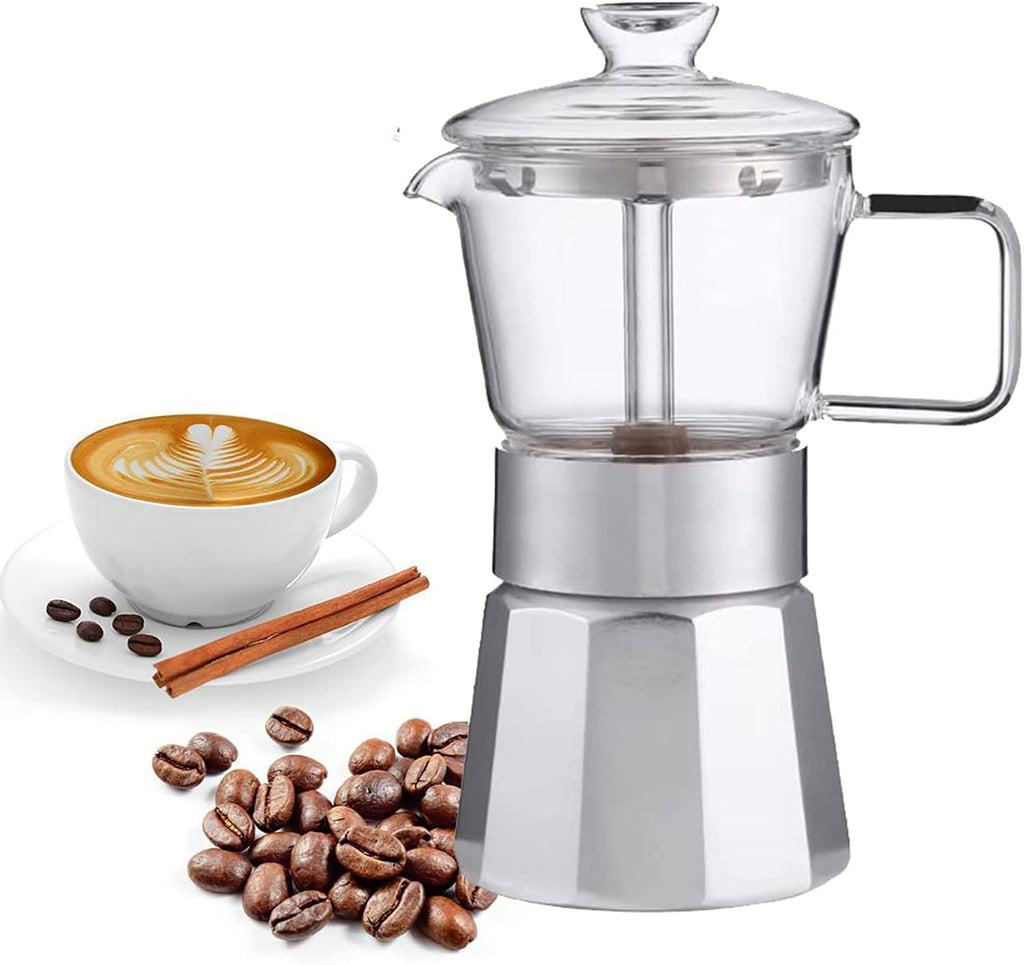 Premium Crystal Glass-Top Stovetop Espresso Moka Pot,Aluminum Coffee Maker for Flavored Strong Coffee,4/6/ 9 Cups,360ml/12.7oz/9 cup (espresso cup=40ml),Coffee Lover Gifts Ideas,9-Cups
