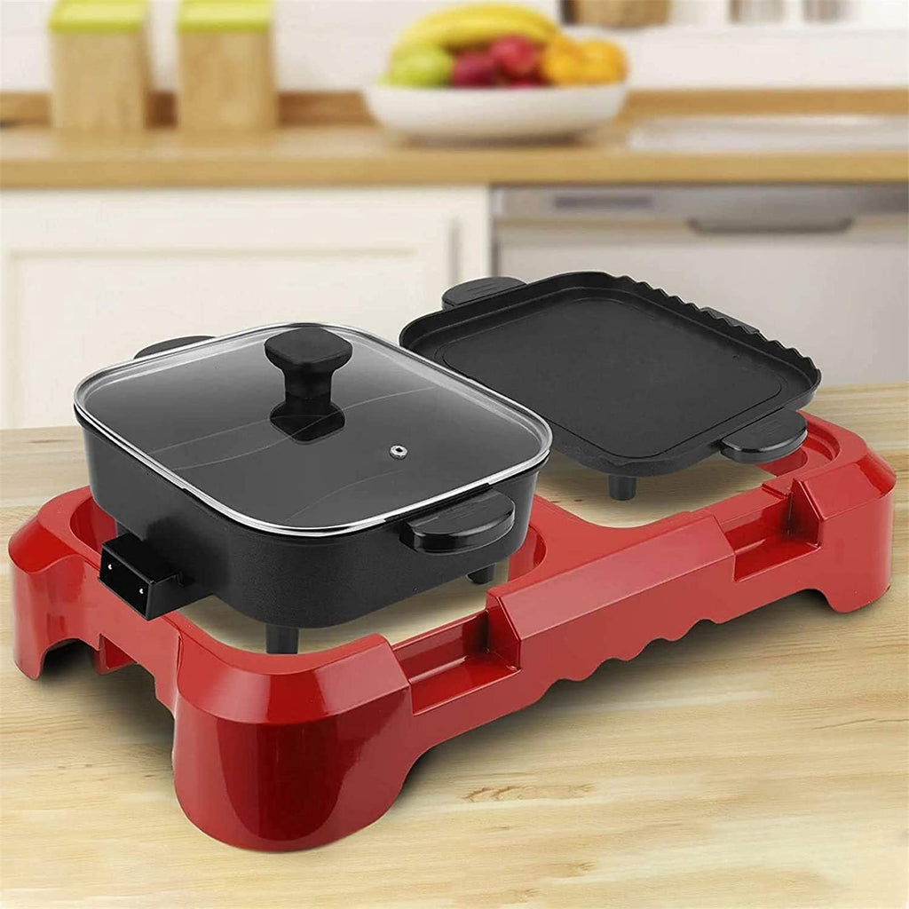Electric Grill And Hot Pot,Fast Heat Hot Pot,Smokeless BBQ Grill Non-Stick Pan,Separate Dual Temperature Control,for 2-12 People,Red (Color : Red)