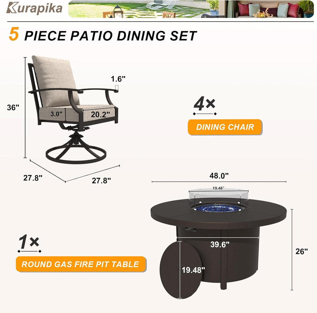 Kurapika 5 Piece Metal Outdoor Patio Furniture Set with Round Fire Pit Table, Patio Conversation Sets 4 Swivel Chairs with Thick Cushion and 40000 BTU Fire Pit Table, Sand