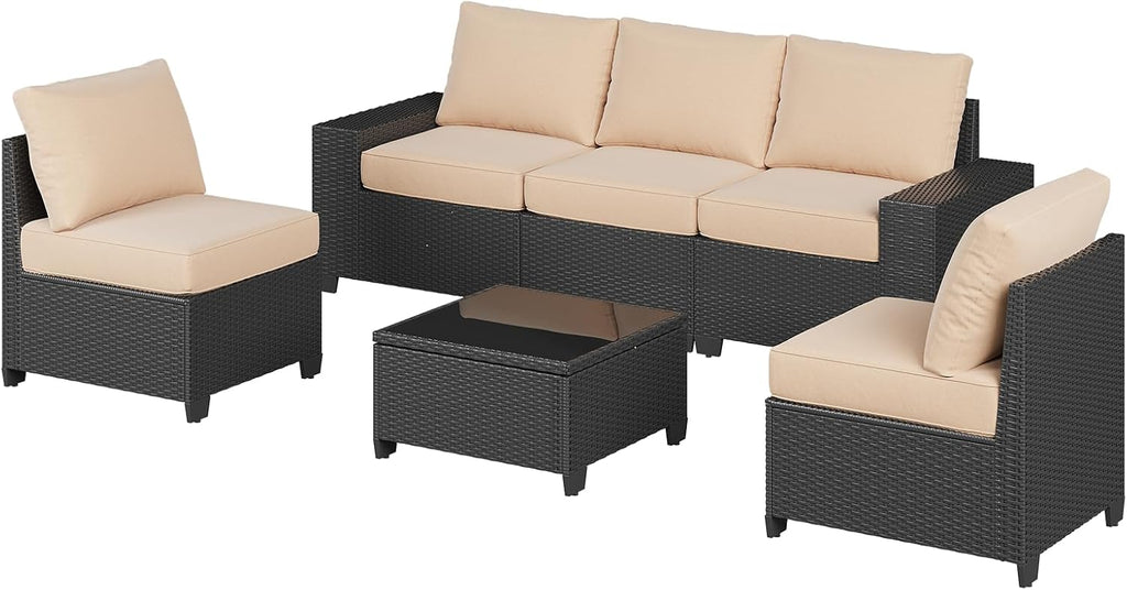 Aoxun Patio Furniture Set, 6 Pcs Outdoor Patio Furniture Sets with 4in Thicken Cushion, Widen Armrests Wicker Outdoor Sectional for Backyard
