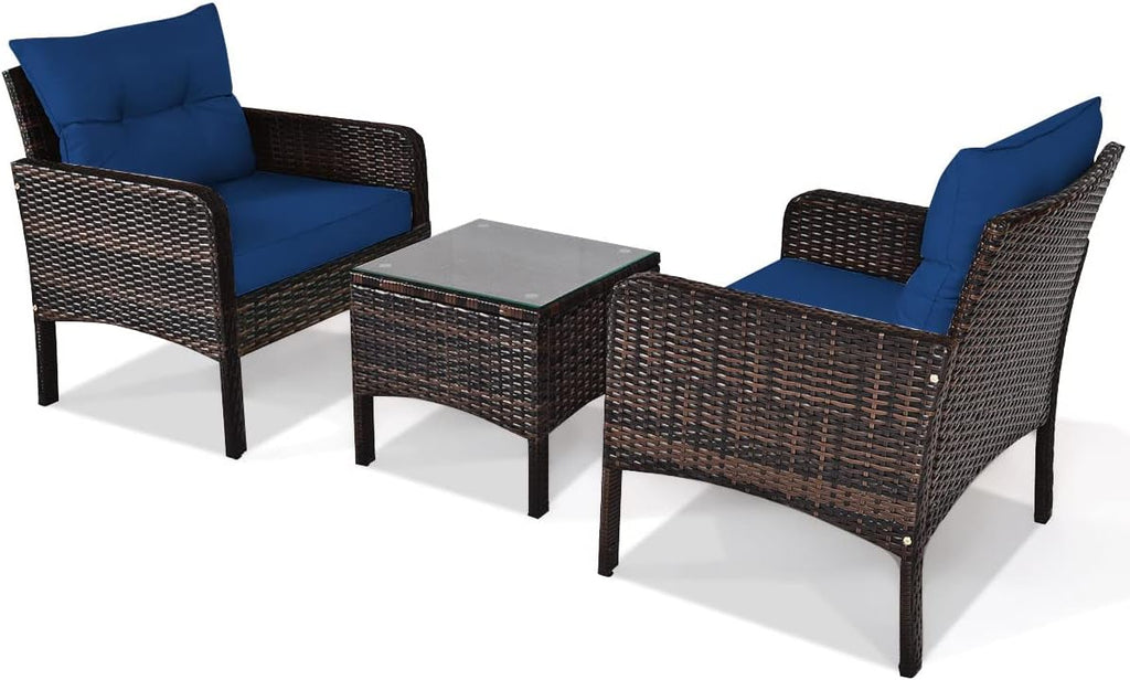 COSTWAY 3PCS Patio Furniture Set, Outdoor Wicker Cushioned Sofa Set with Coffee Table, All Weather Rattan Conversation Set for Garden Balcony Backyard Poolside Lawn, Navy