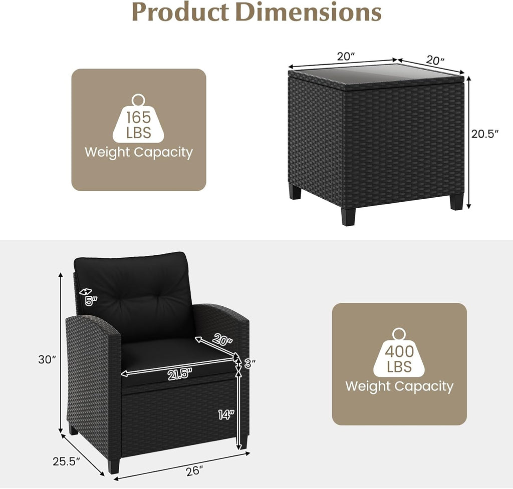 Tangkula 3 Piece Patio Furniture Set, Rattan Conversation Set w/Soft Seat & Back Cushions, Tempered Glass Topped Coffee Table, Cushioned Wicker Seating Set for Backyard, Porch, Poolside (Black)