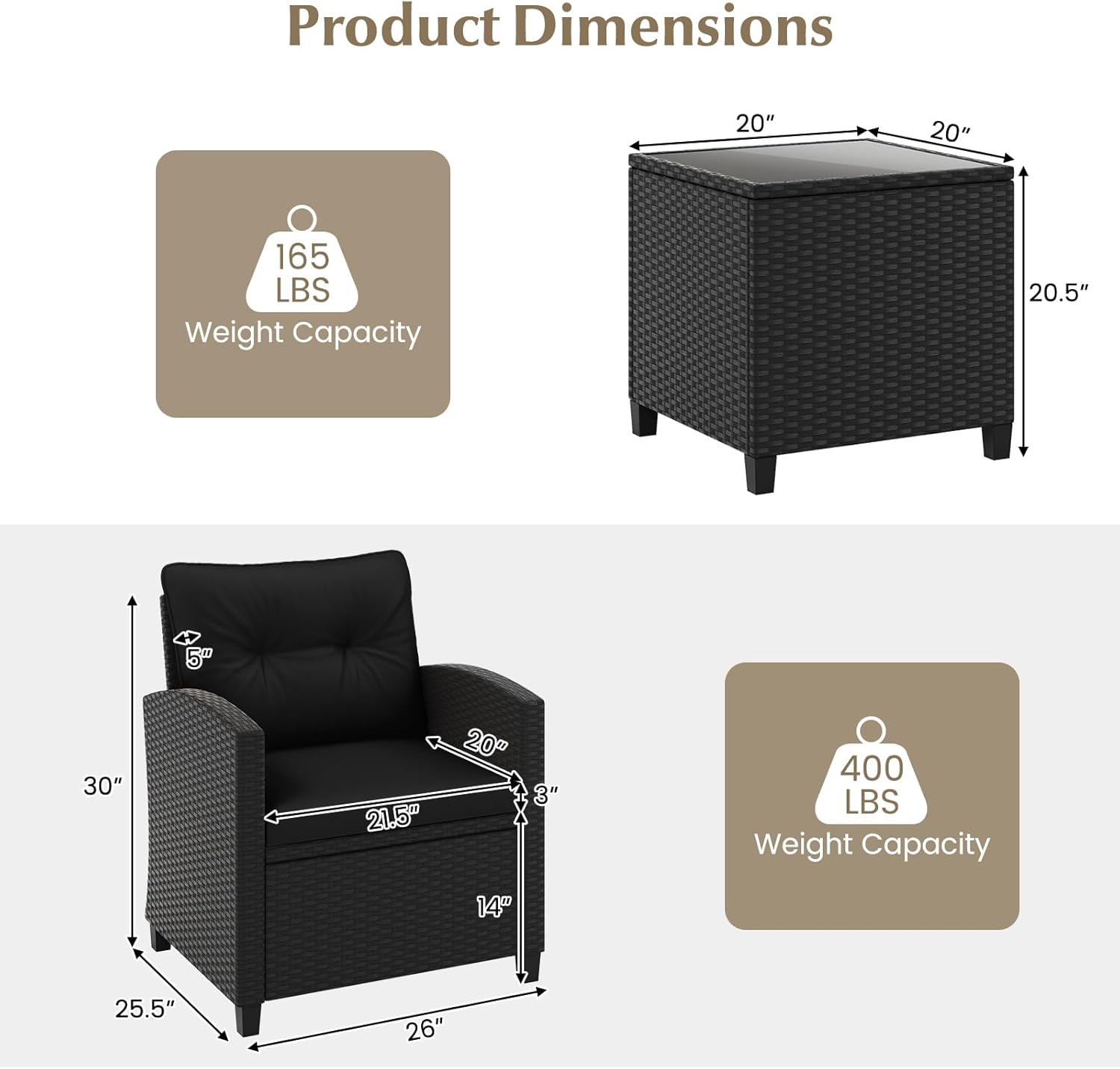Tangkula 3 Piece Patio Furniture Set, Rattan Conversation Set w/Soft Seat & Back Cushions, Tempered Glass Topped Coffee Table, Cushioned Wicker Seating Set for Backyard, Porch, Poolside (Black)