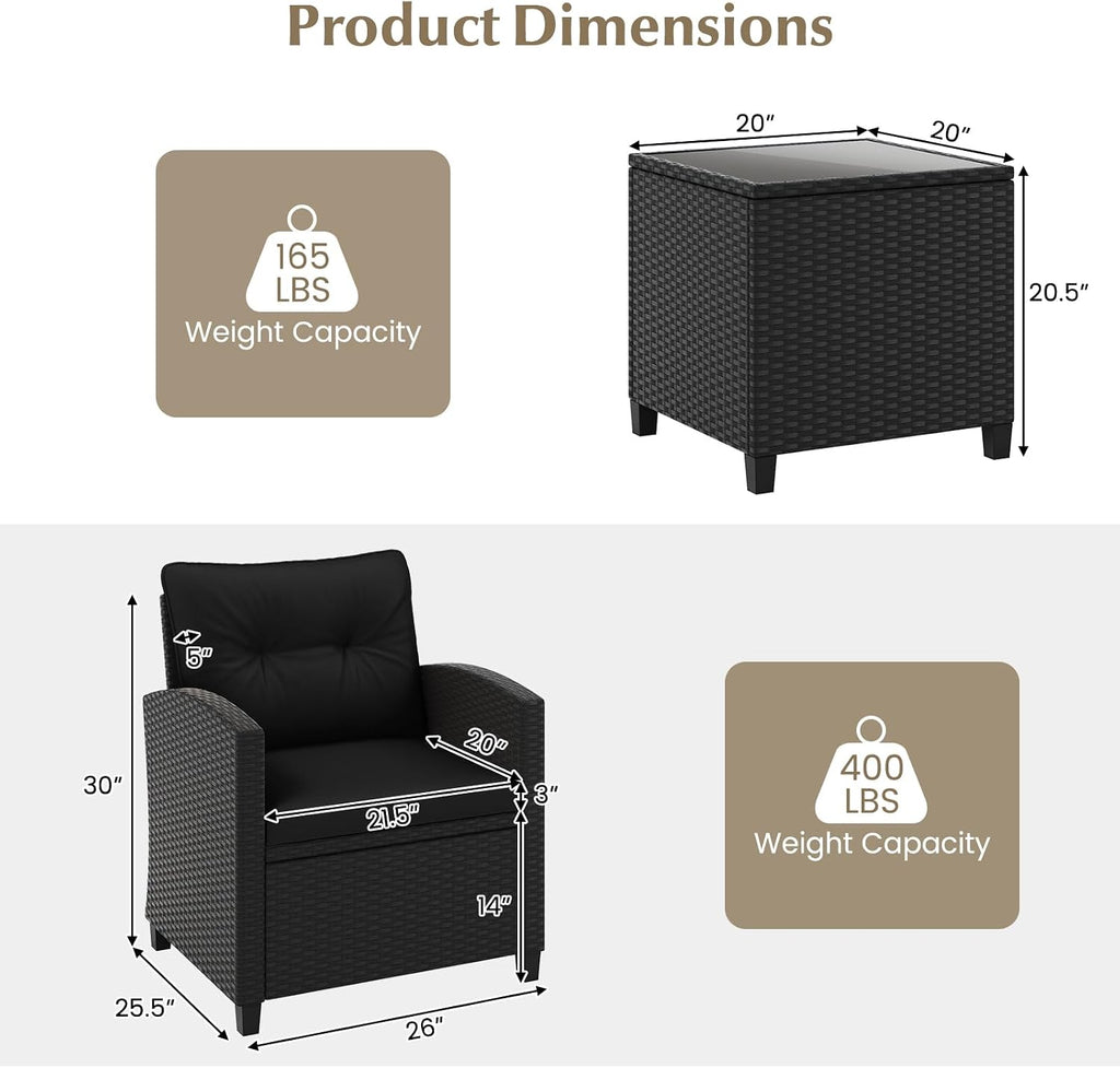 RELAX4LIFE 3-Piece Patio Furniture Set - Wicker Rattan Bistro Sofa Set with Glass Top Coffee Table, Washable Cushions for Porch, Balcony, Backyard, Poolside, Outdoor Conversation Set (Black)