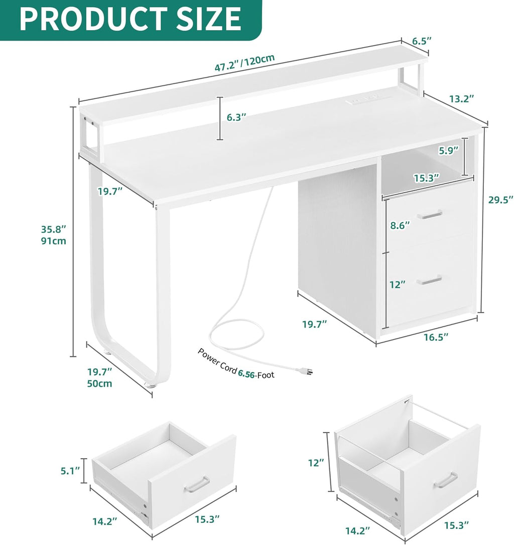 DWVO Office Desk with Drawers, 47' Computer Desk with Power Outlets & LED Light, Home Office Desk with Storage & Monitor Stand, White